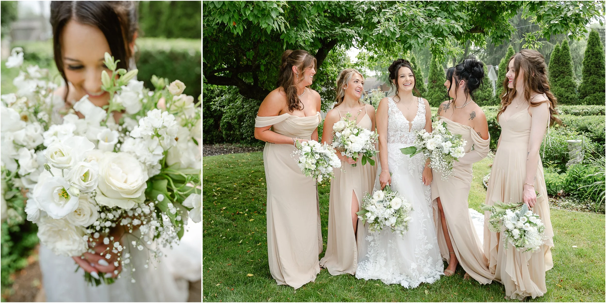 A bride with dark hair in an updo wearing a white wedding gown stands with five women in beige dresses, holding bouquets of white flowers, under a tree in a garden during a wedding celebration.