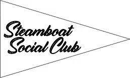 Vintage pennant flag with the text 'Steamboat Social Club' in black cursive font on a white background