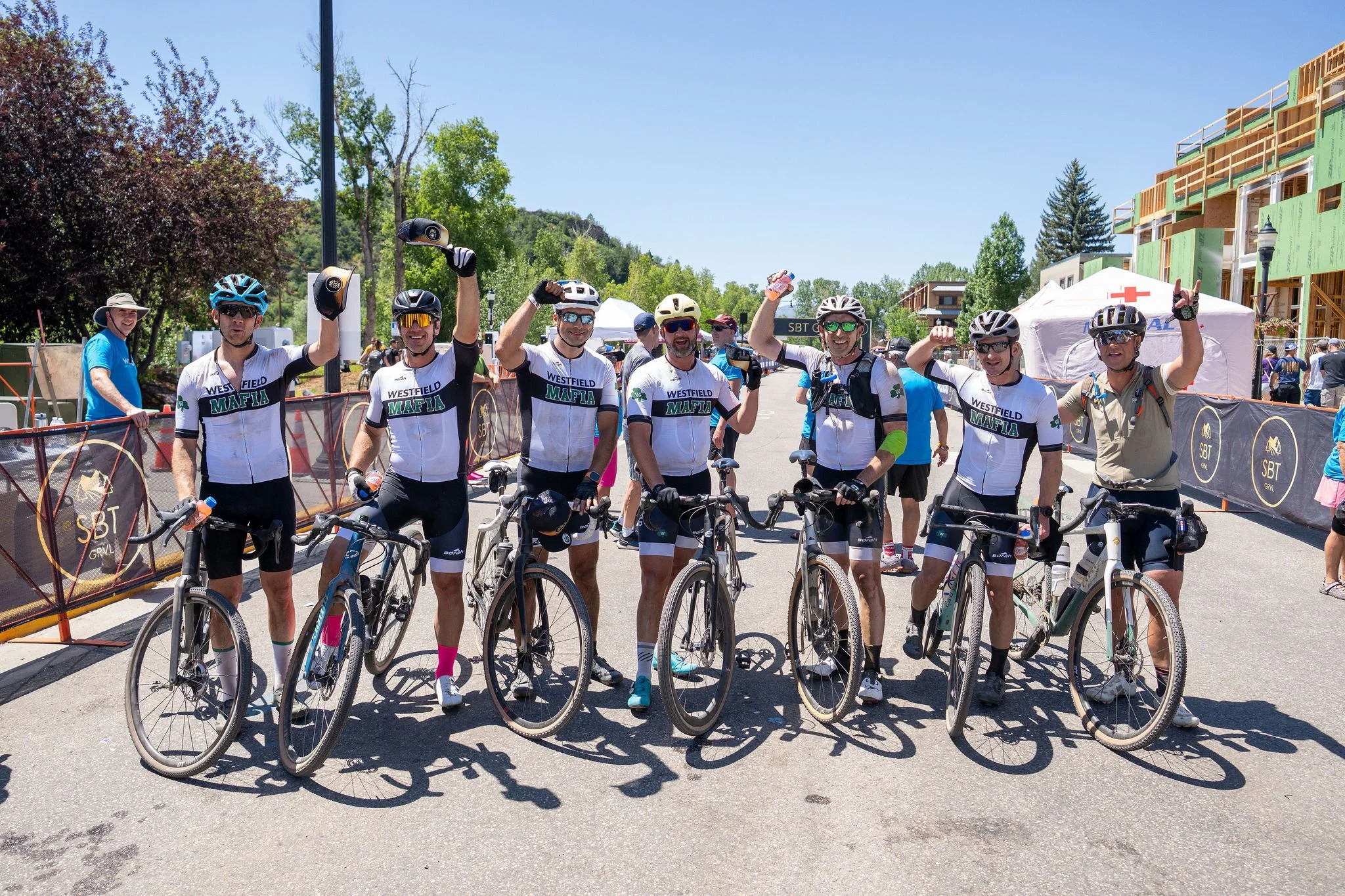 A group of gravel cyclists in downtown Steamboat Springs on Yampa street after finishing SBT GRVL
