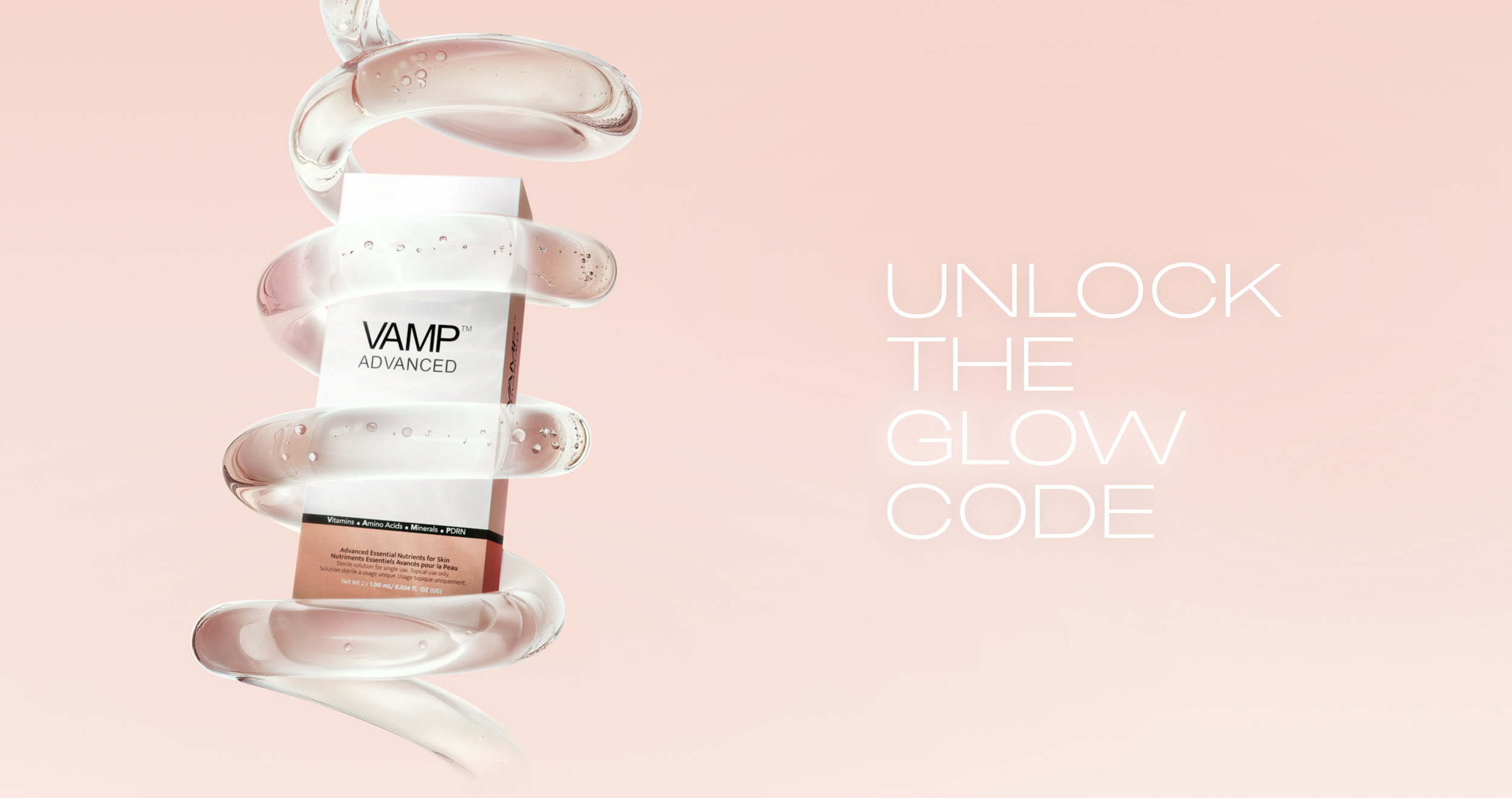 A bottle of VAMP Advanced skincare product surrounded by a spiral of clear glass-like gel with small bubbles. The background is soft pink, with white text reading 'Unlock the Glow Code'.