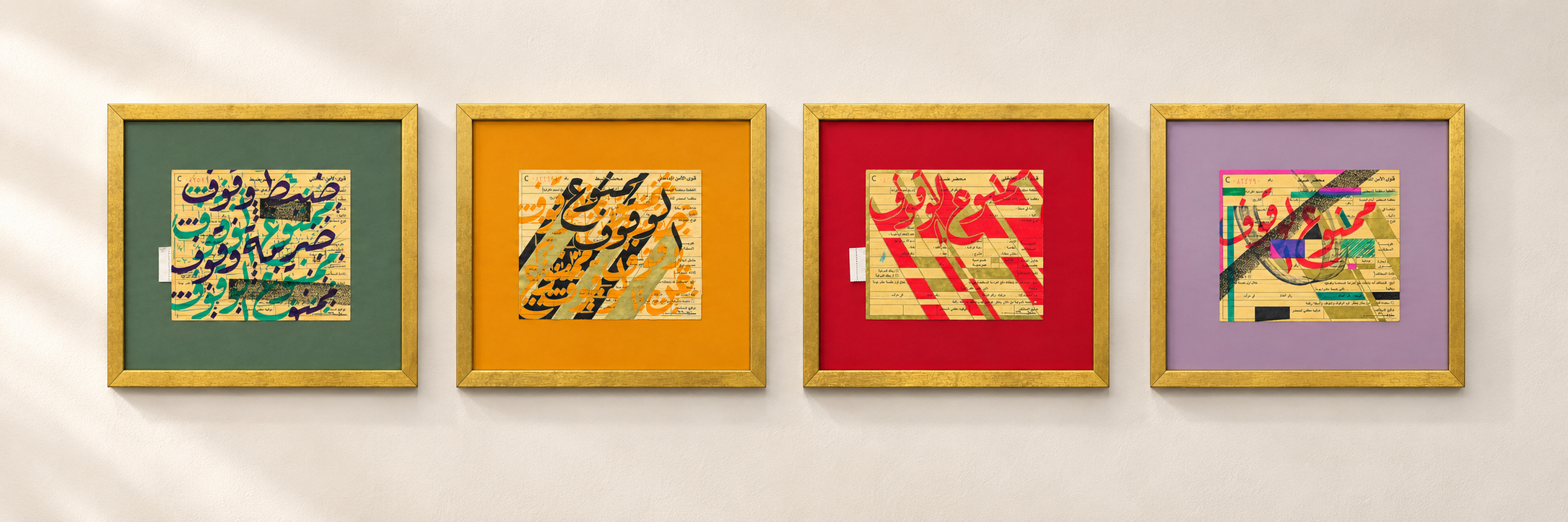Four framed artworks on a gallery wall.png