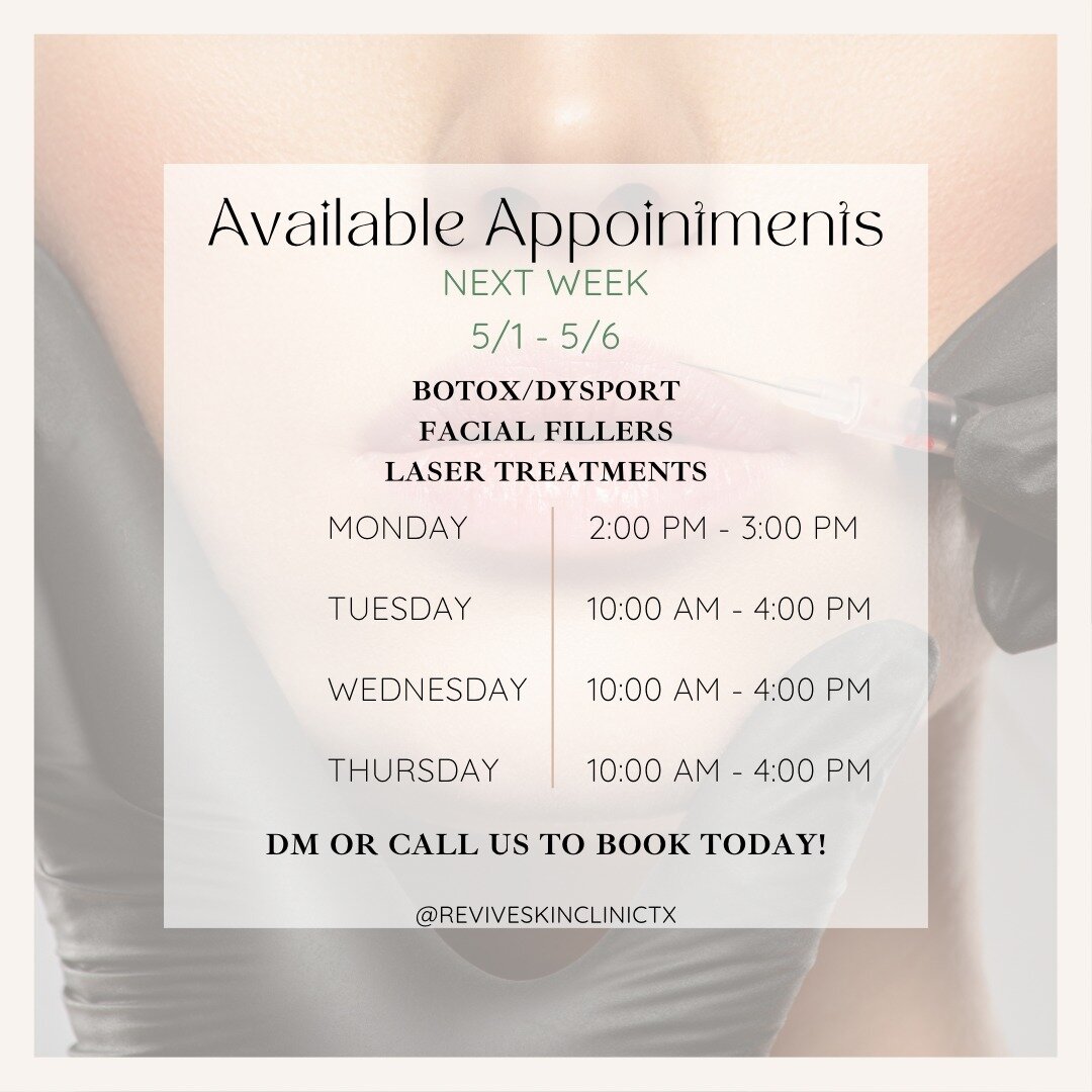Jamie Rizo, RN and Jenn Sims, RN have openings next week for Tox, Fillers, and Laser! 💫 Call/text or DM us to book your appointment! #Revive 

🔗 in bio for appointments, payment plans, and more! 
📍 6954 E Hwy 191 Odessa, TX 79765
📱 (432) 203-4764