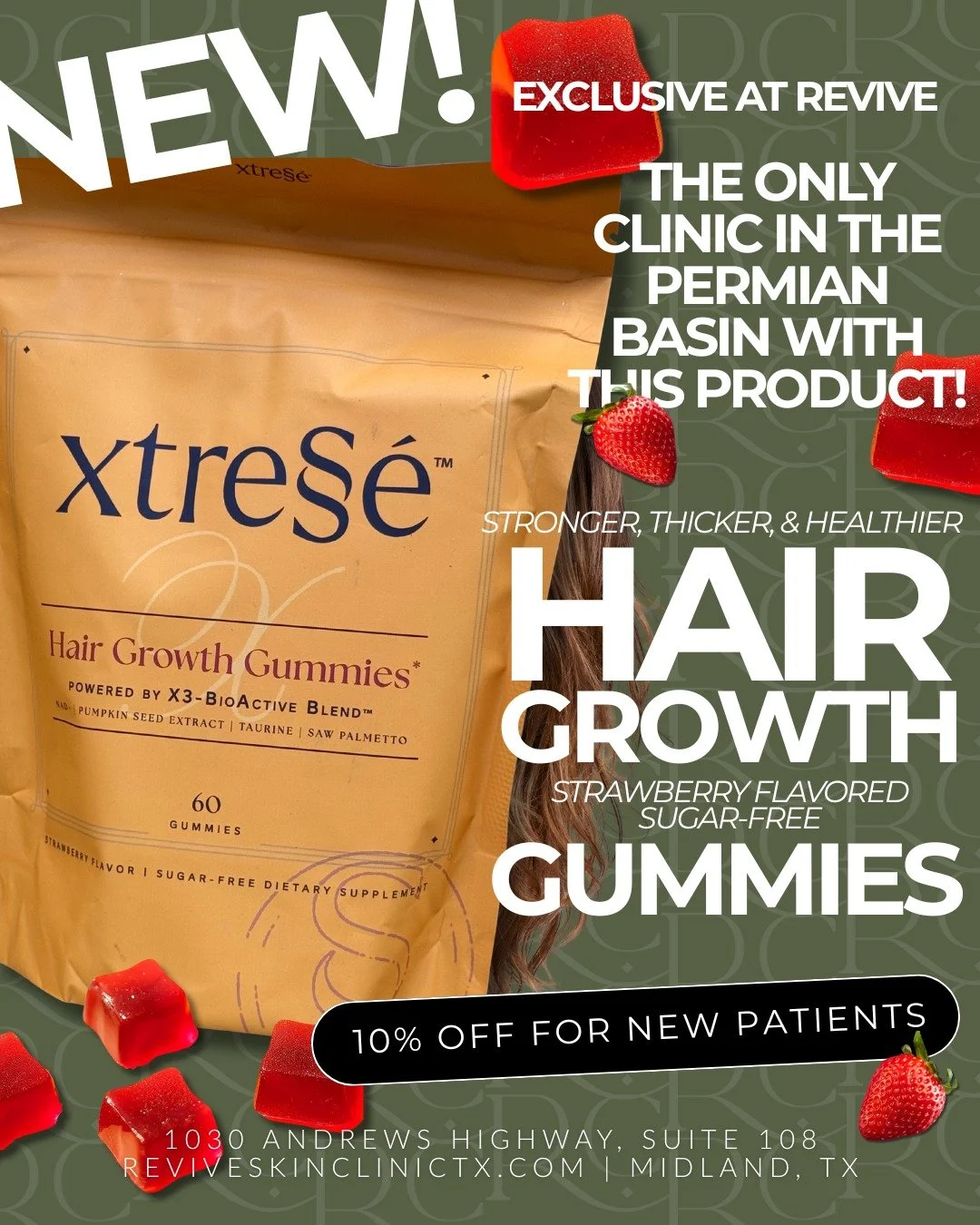 Brand New + Exclusive at Revive! We&rsquo;re so excited for these XtreS&eacute; Hair Growth Gummies! We&rsquo;re the only clinic in the Permian Basin to carry them!

These delicious strawberry-flavored, sugar-free gummies are powered by the X3-BioAct
