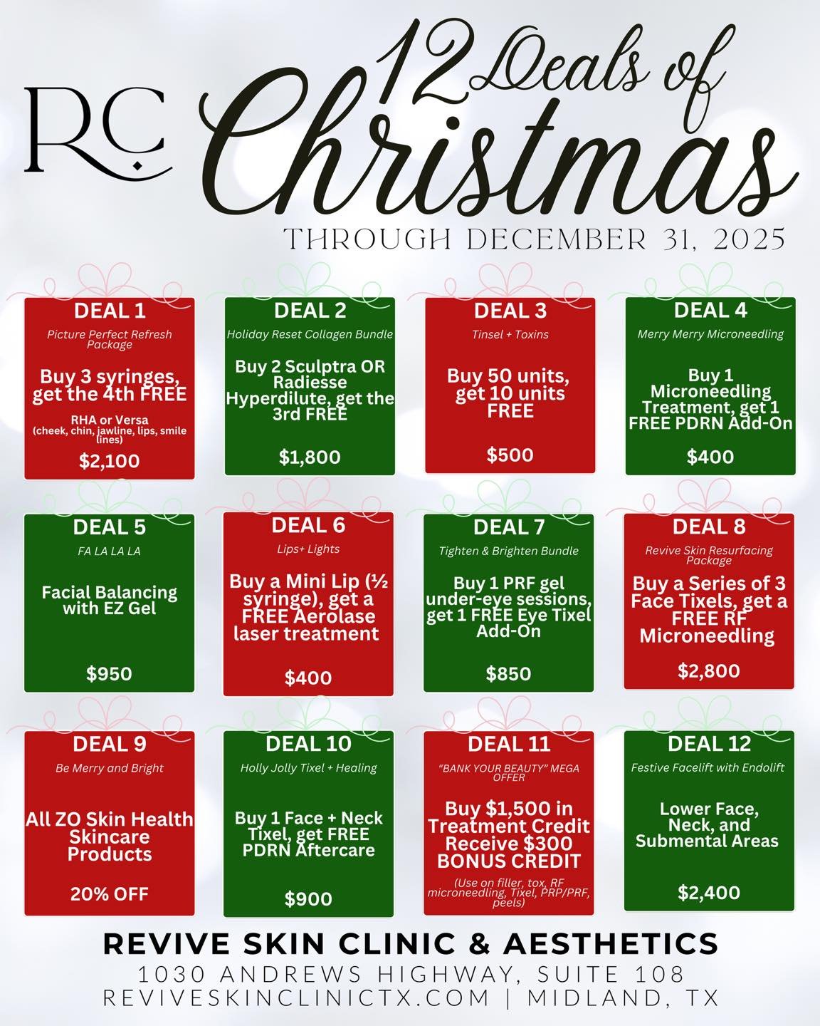 The 12 Deals of Christmas are officially here at Revive Skin Clinic &amp; Aesthetics 🎄

These offers were hand-picked to help you feel confident and refreshed through the holidays and into the new year. Whether you&rsquo;re stocking up on skincare o