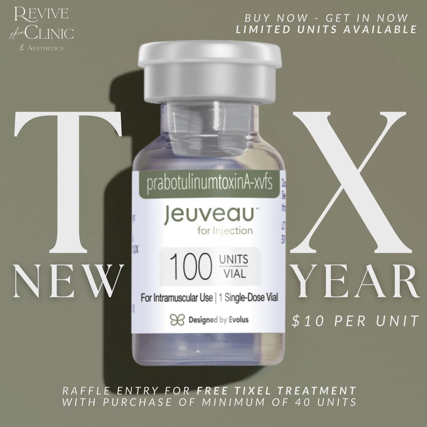 Start 2026 with smoother skin and a little extra glow. Jeuveau is just $10 per unit right now at Revive Skin Clinic &amp; Aesthetics

Buy 40 or more units and you&rsquo;ll automatically be entered to win a FREE Tixel treatment

Limited units availabl