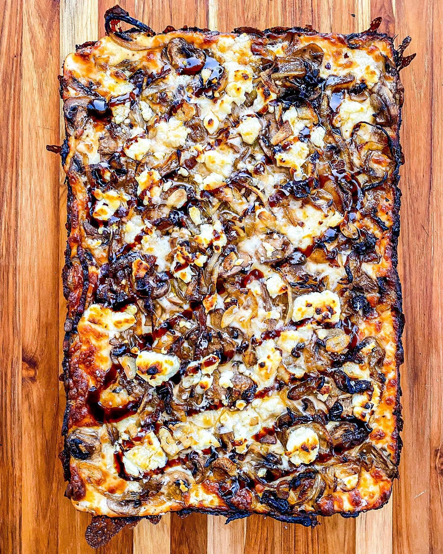 Working Title: The Moon River. Mushrooms with Truffle Oil, Shaved Garlic, Whipped Ricotta, Caramelized Onions, Goat Cheese,  Pecorino Romano, Hot Honey and Balsamic Drizzle. Luxurious