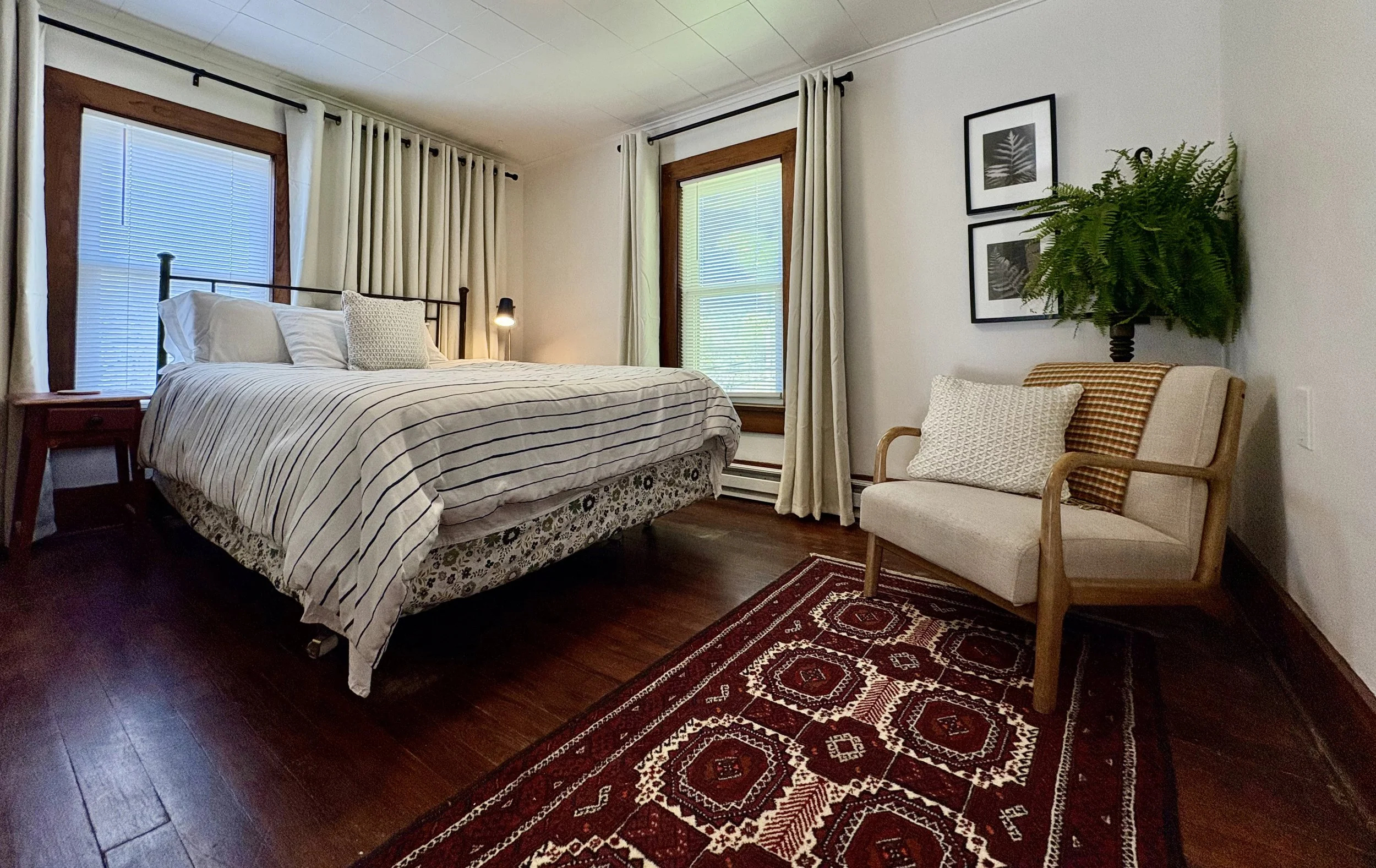 A cozy bedroom with a large bed featuring striped bedding, a side table, and a wall-mounted reading lamp. There are two windows with blinds and cream curtains, framed black-and-white leaf art on the wall, a potted fern on a stand, a wooden armchair with a woven pillow, and a patterned area rug on dark wooden floors.