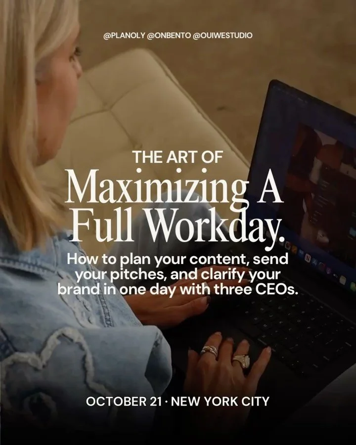 Your ticket covers working sessions with the CEOs of @onbento, @planoly and @ouiwestudio plus coffee, lunch, and gifts from some of our favorite brands.

One workday, three things finished, and the people who built the tools sitting next to you. We h