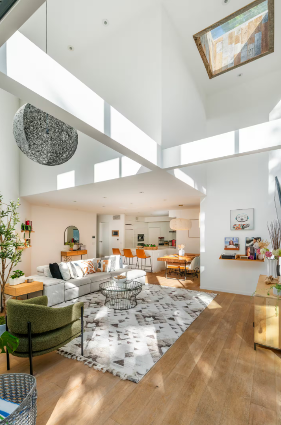 Bright modern open-concept living space with high vaulted ceiling, large skylights, a cozy gray sofa, green armchair, patterned rug, wooden furniture, and decorative plants.
