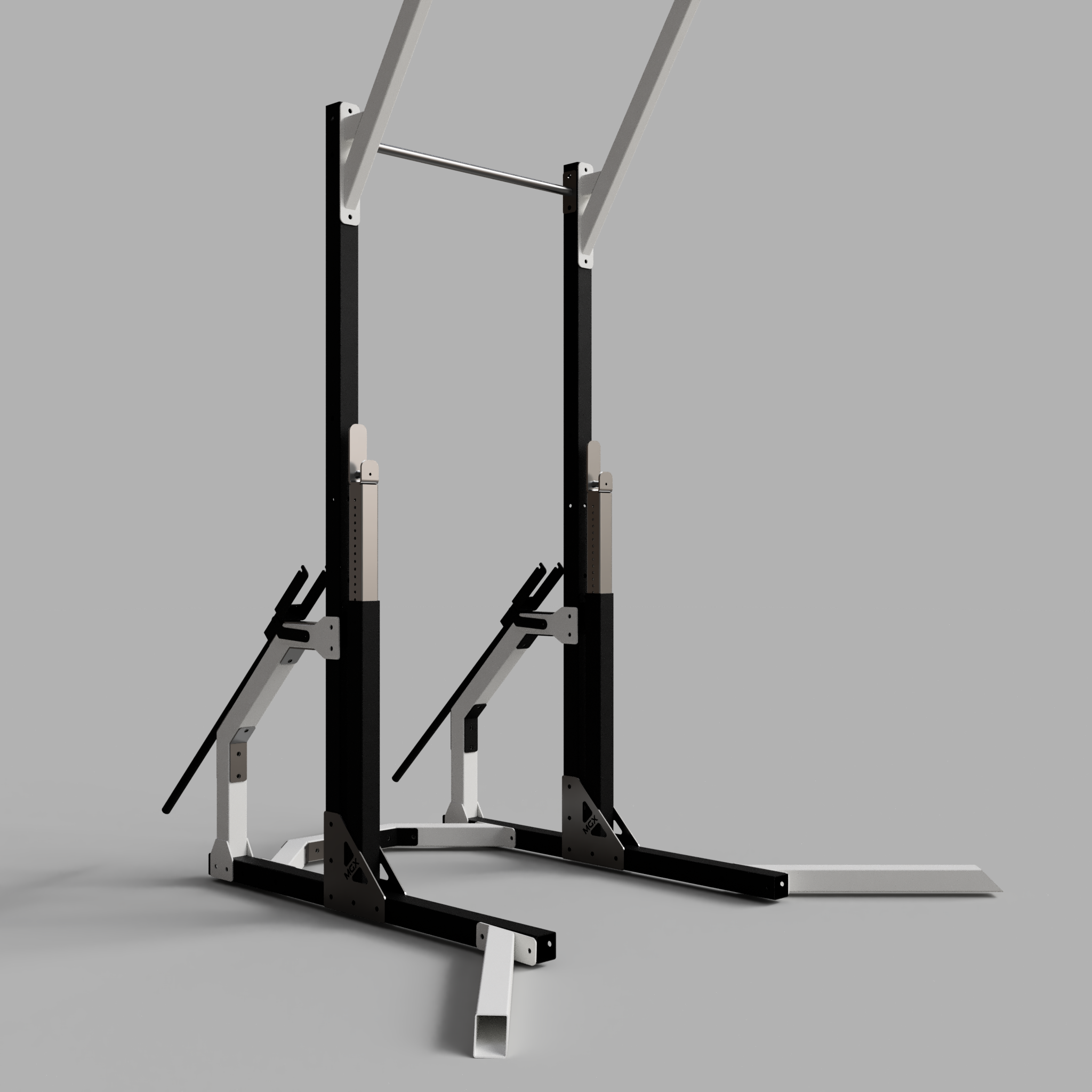Modular event stage for muscle-ups, pull-ups, weighted dips and squats.