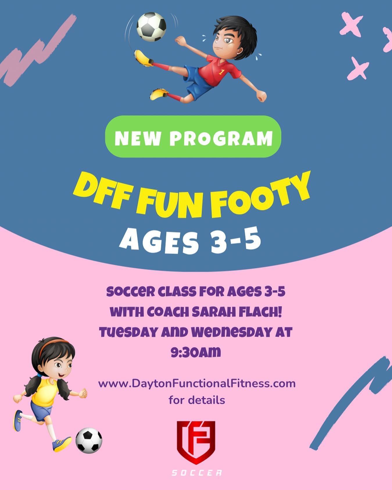 We are excited to launch our newest program led by Coach Sarah Flach! Classes will start at the beginning of October!

DFF Fun Footy is a soccer program specifically for ages 3-5 years old. It all begins with FUN, focused on building confidence, soci
