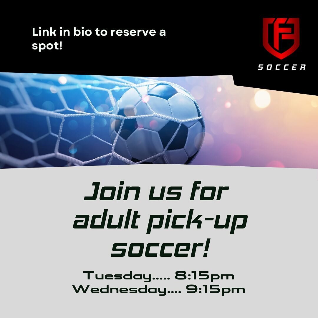 Adult pick-up soccer. Every Tuesday and Wednesday evening. Link in bio to reserve a spot!