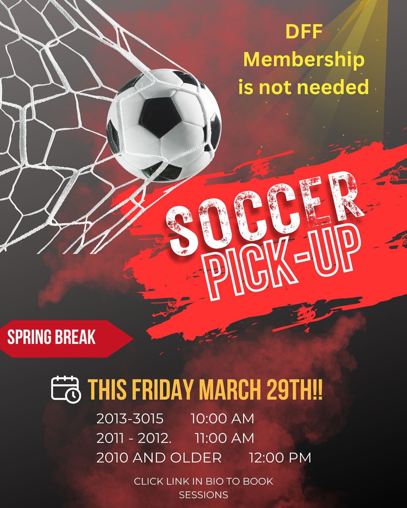 Join us this week on Friday for Soccer Pick Up!! DFF membership is not required. Link in bio and on our website to reserve a spot!