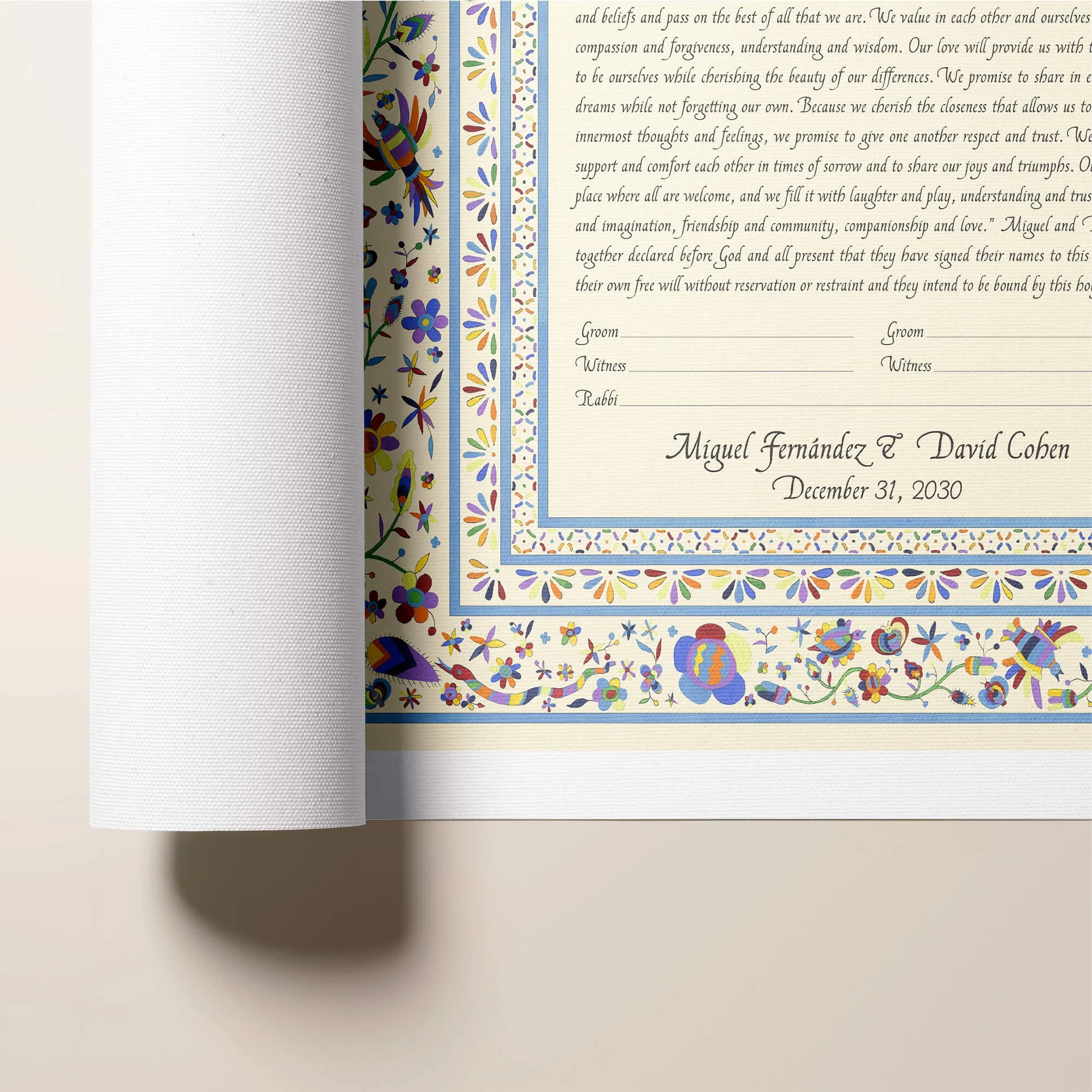 9 mexican embroidery ketubah rolled canvas closeup 1.jpg