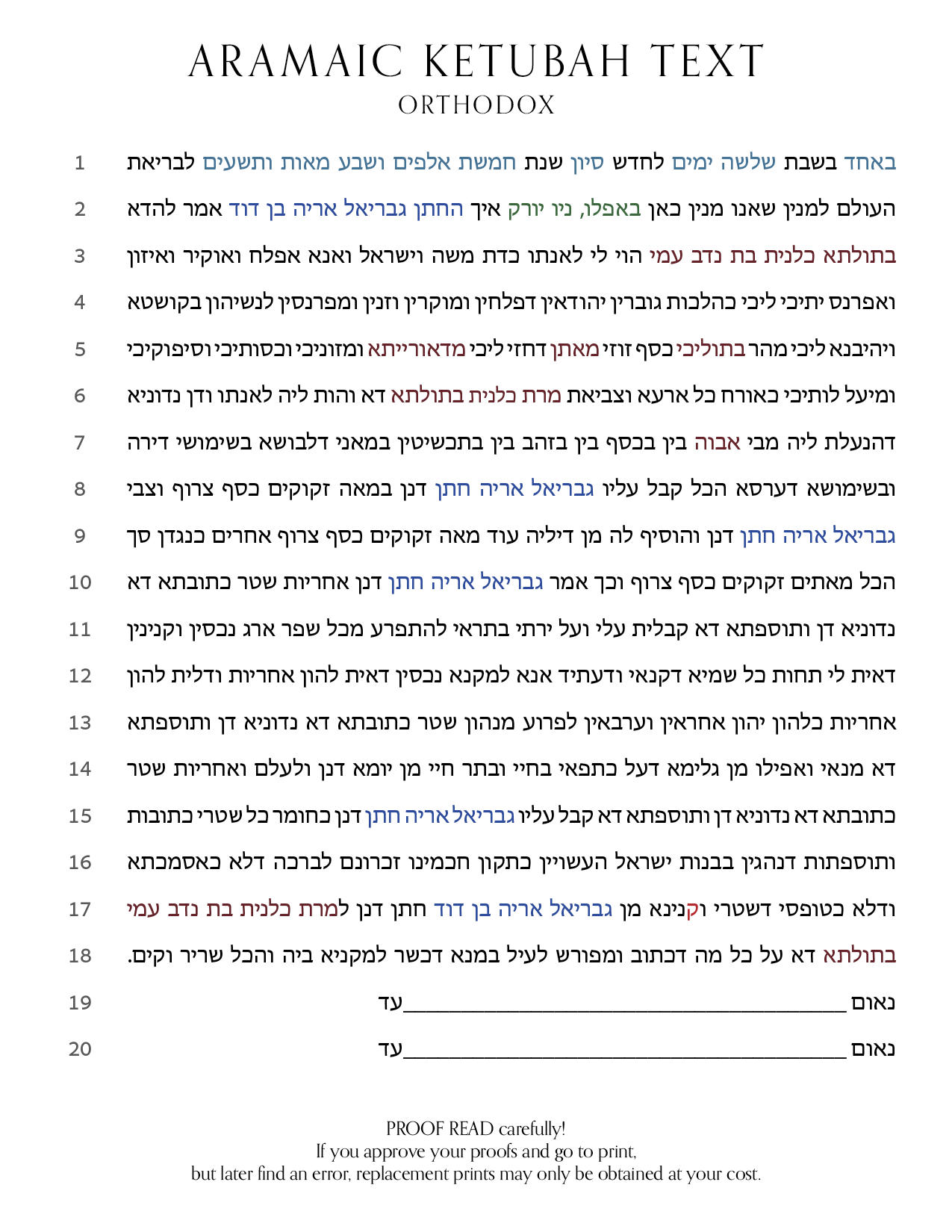 This page shows the prepared ketubah text with all of the color-coded customizable text. Even clients with minimal Hebrew knowledge can easily find their names and dates with the help of the color coding.