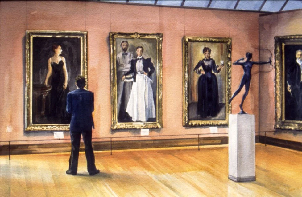 A person in a blue suit looking at four large framed oil paintings of women in an art gallery, with a small sculpture of a woman on a pedestal.