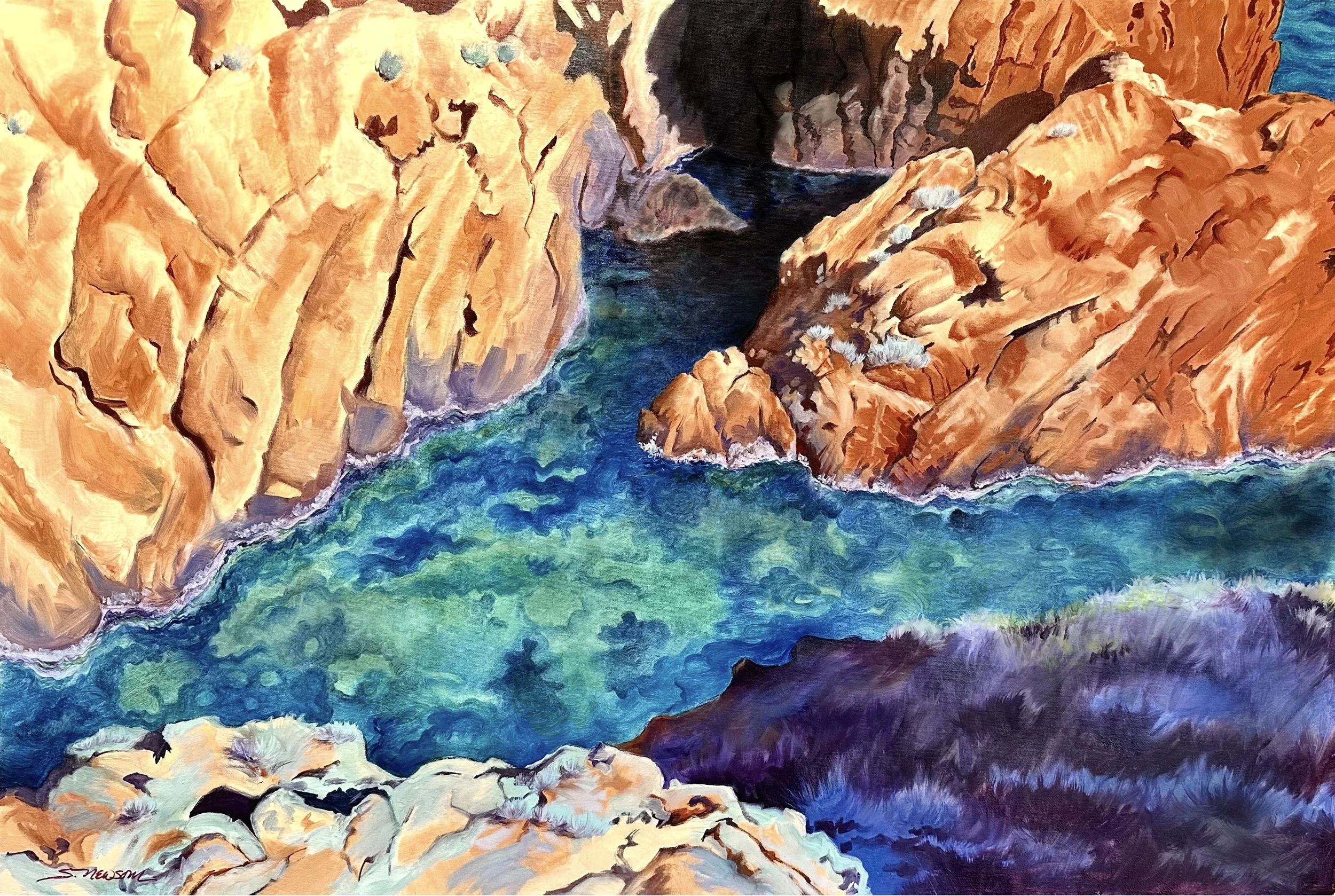 Painting of a canyon with orange and brown rock formations surrounding a winding blue river.