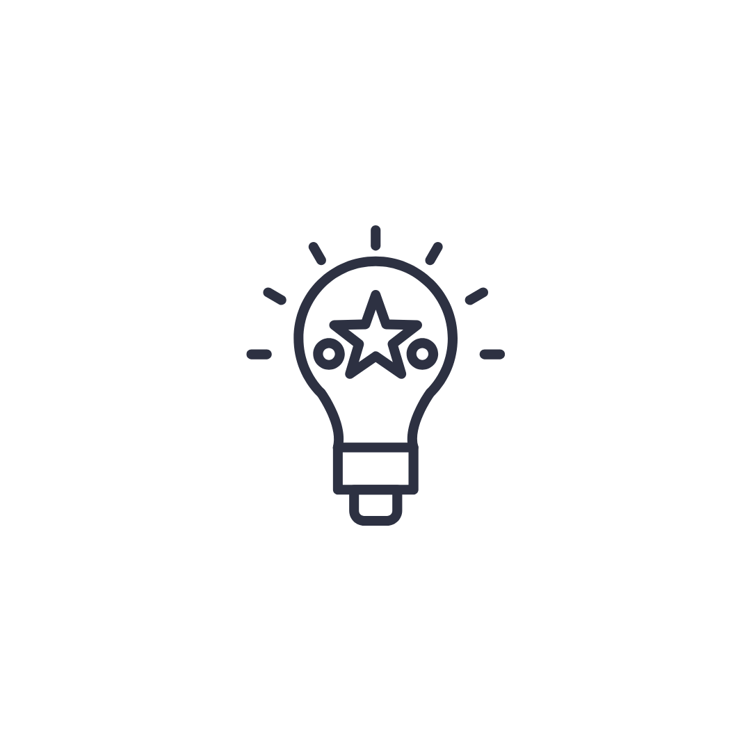 Een eenvoudige lijntekening van een gloeilamp met een ster en cirkels binnenin, met ronde lijnen die de gloed uit de lamp aangeven.