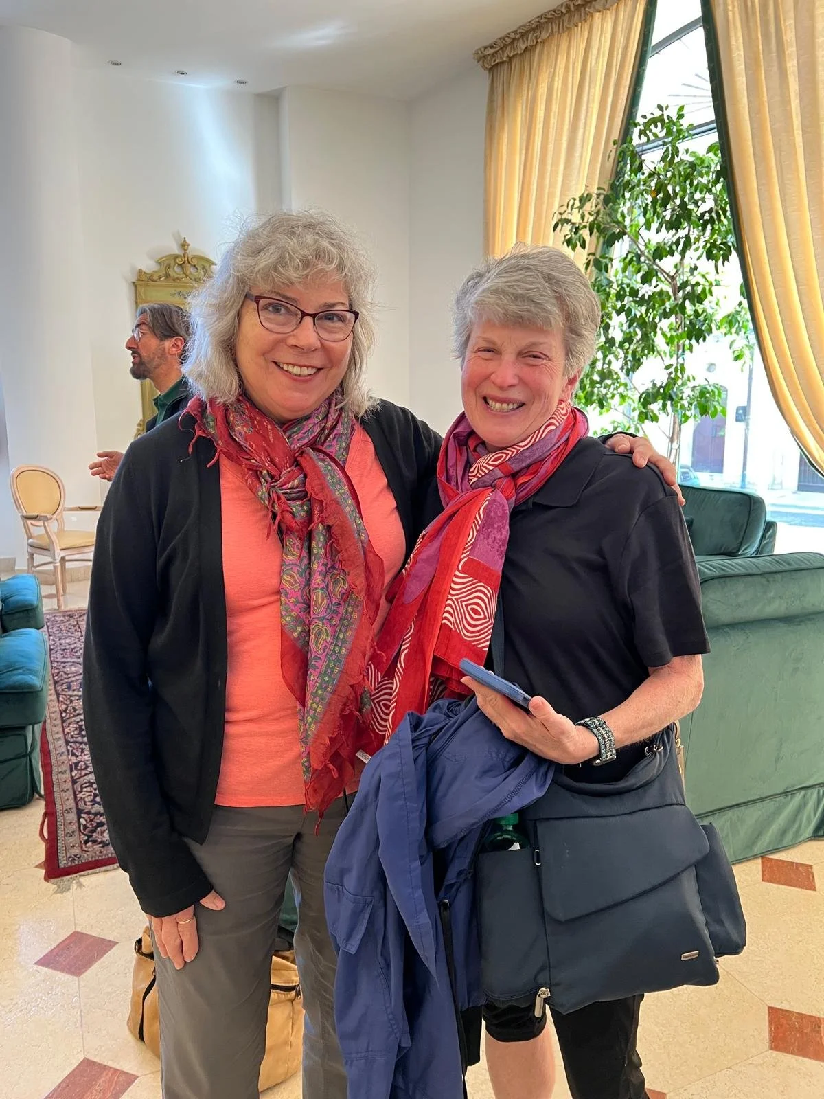 Marian and I in our new Puglian Scarves