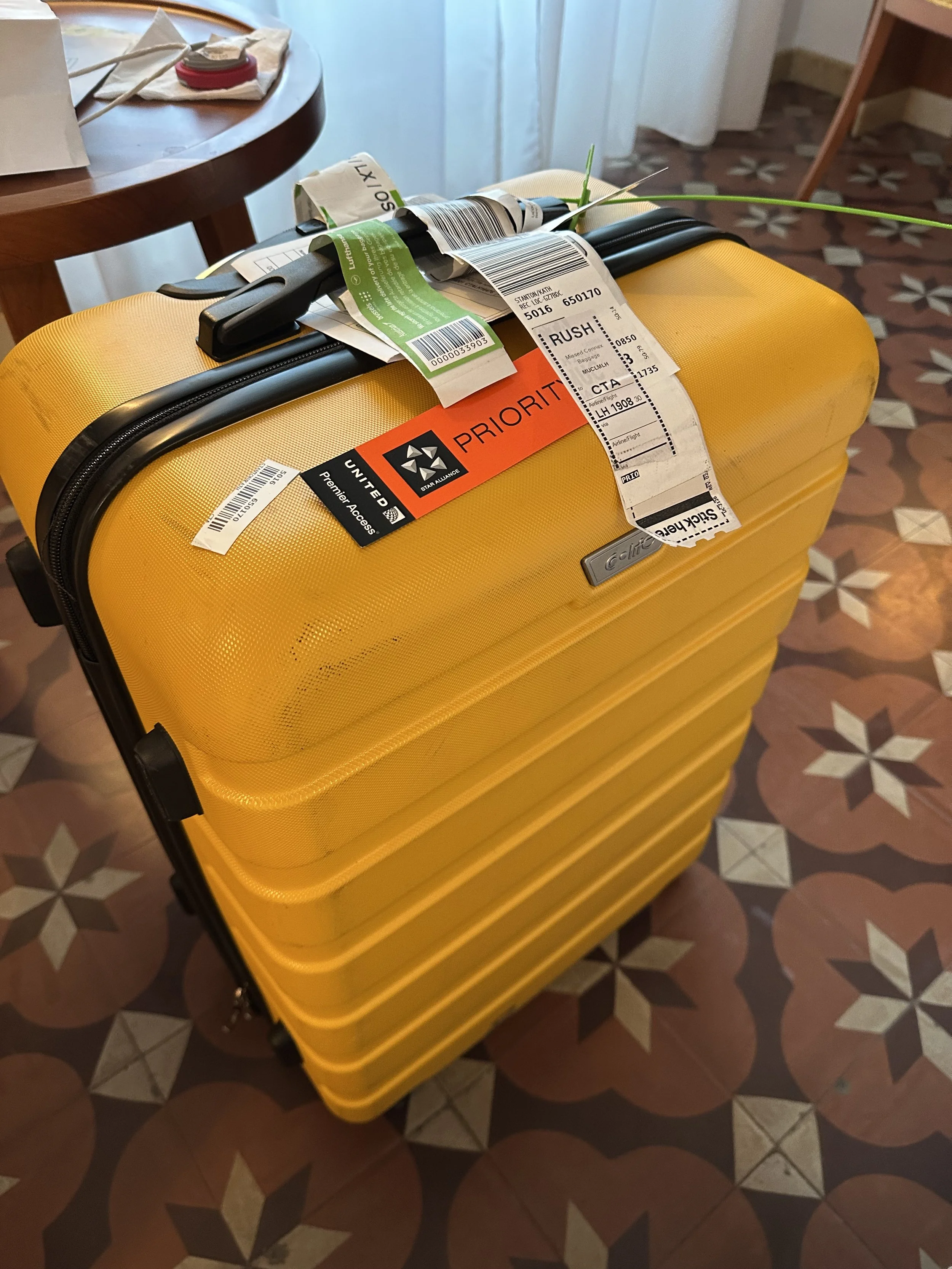 My luggage strewn with the tags from staying at the airport for 3 days finally arrived at my hotel