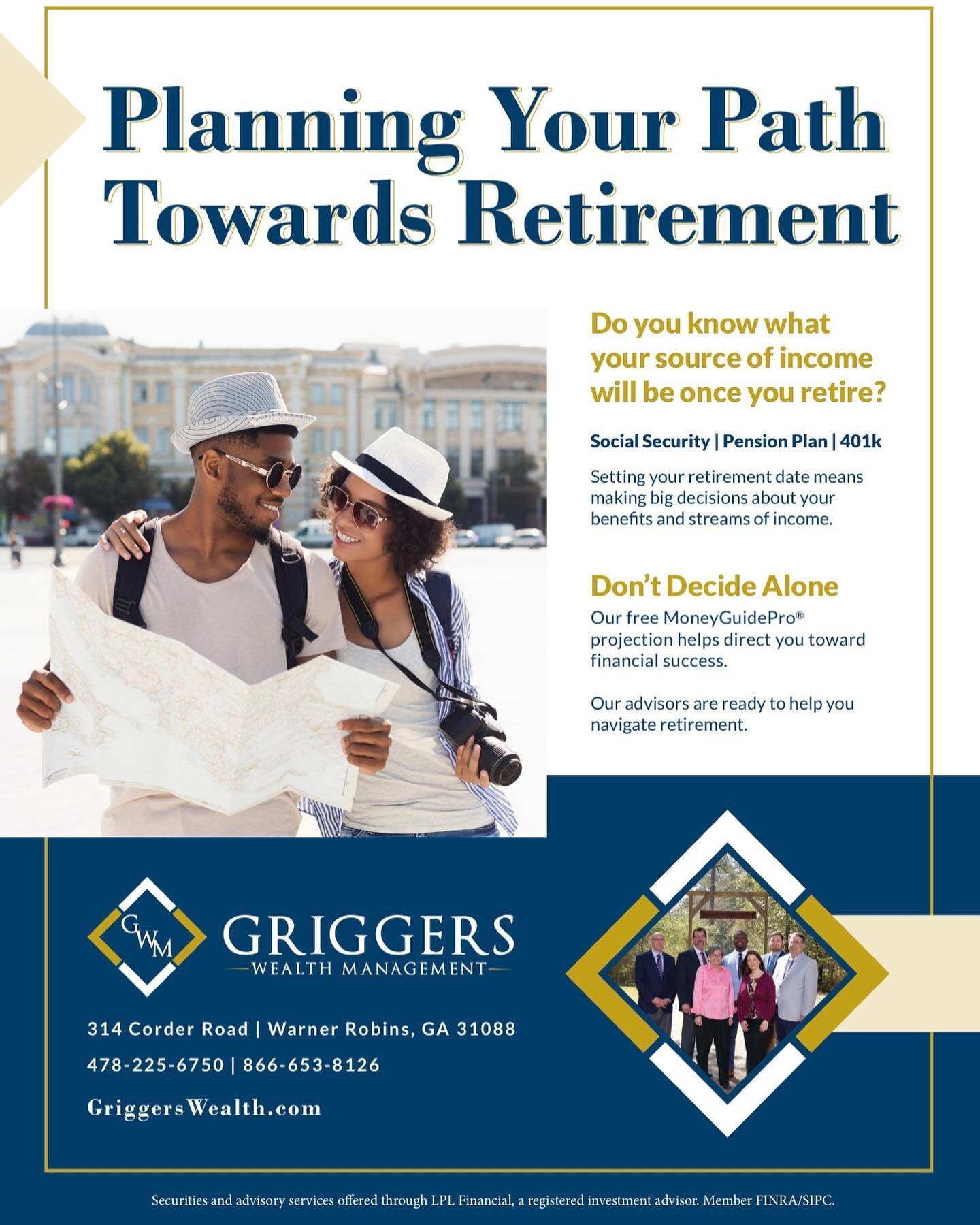 &lsquo;Planning Your Path Through Retirement&rsquo; 

Don&rsquo;t decide alone- 
Griggers Wealth Management has advisors ready to help you navigate through retirement. ✨

Located at: 
314 Corder Rd | Warner Robins 
478.225.6750

griggerswealth.com

H