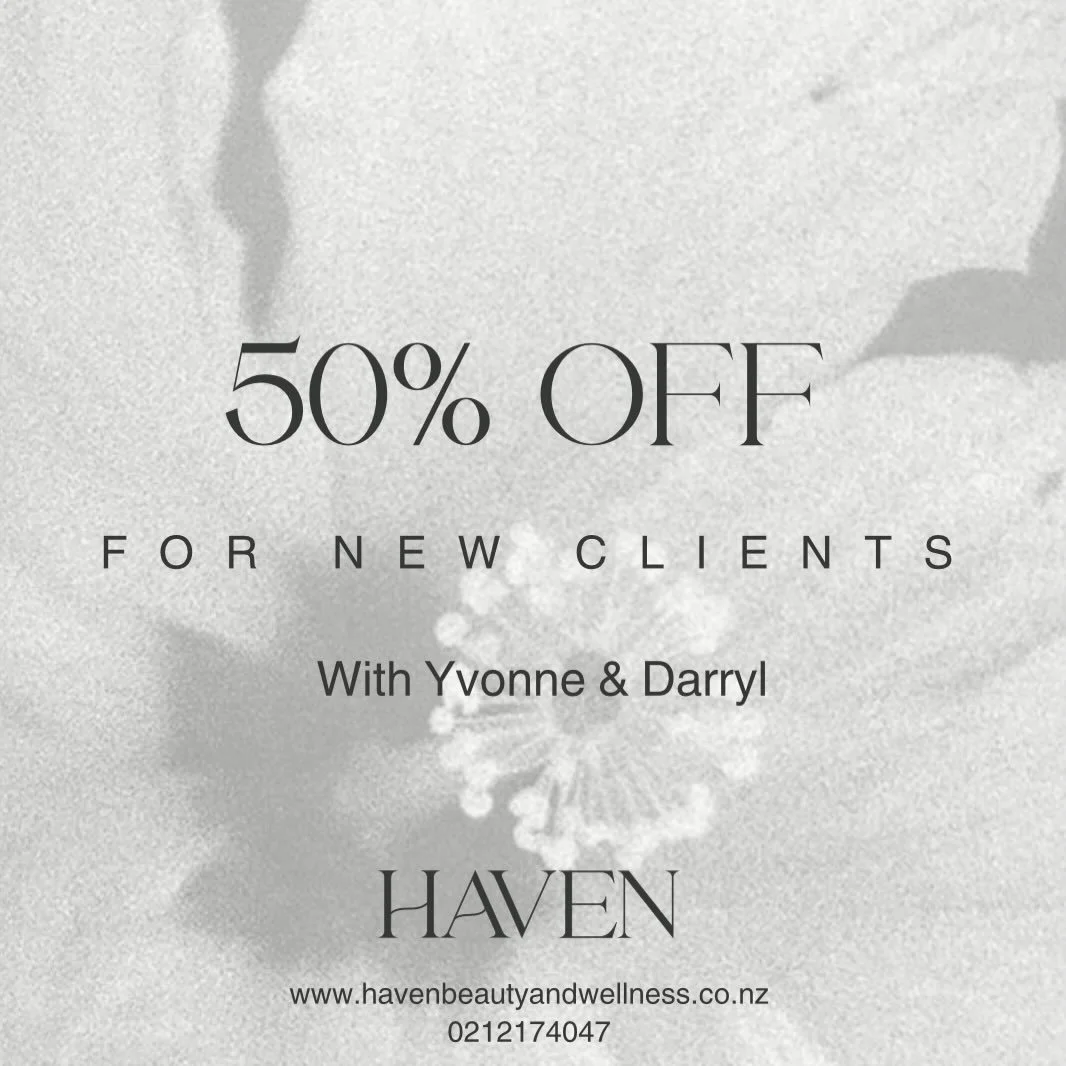 Welcoming new clients with an exclusive 50% off on any treatments with Yvonne and Darryl ✨ Just mention this promo when booking to take advantage of this amazing offer. Book online at www.havenbeautyandwellness.co.nz