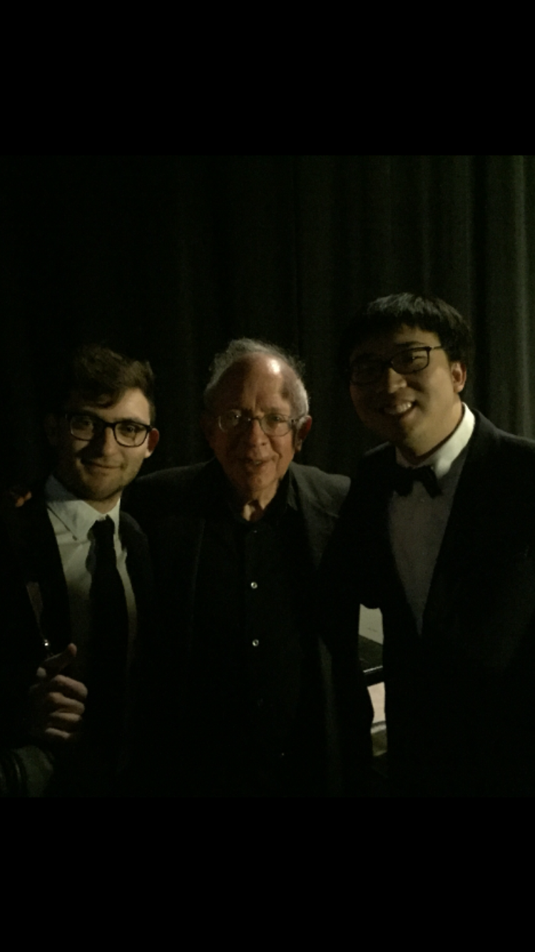 William Shaub with Joel Sachs and Alvin Zhu after performing at the Peter Jay Sharpe Theatre. 