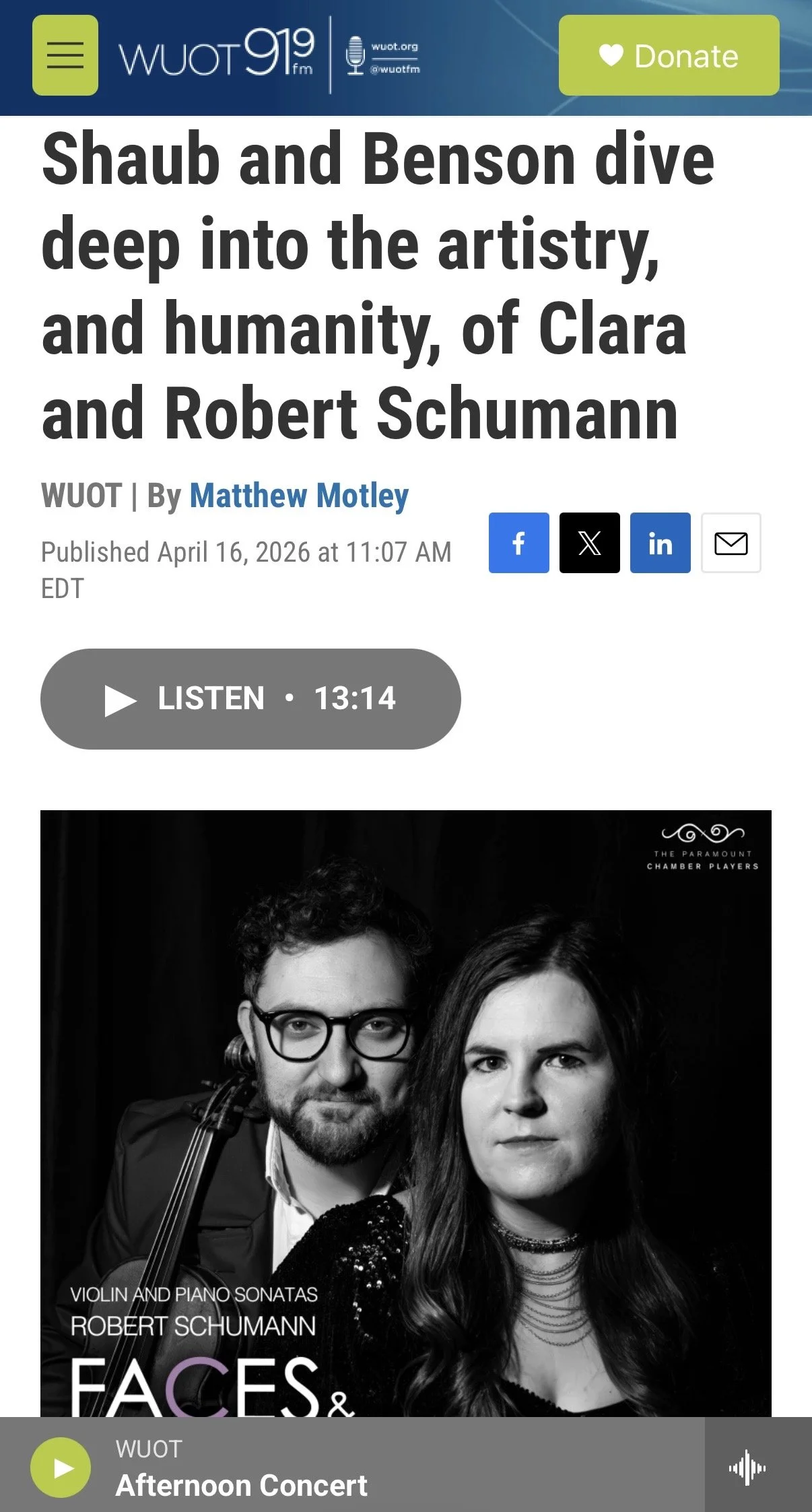 Shaub and Benson discuss their album Faces and Masques, plus the music of Robert and Clara Schumann