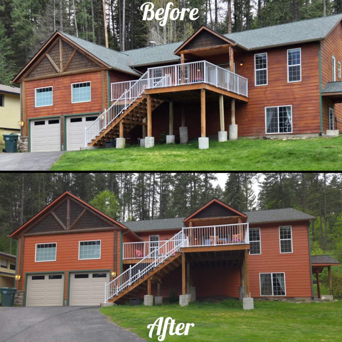 Weathered siding repaired and repainted.