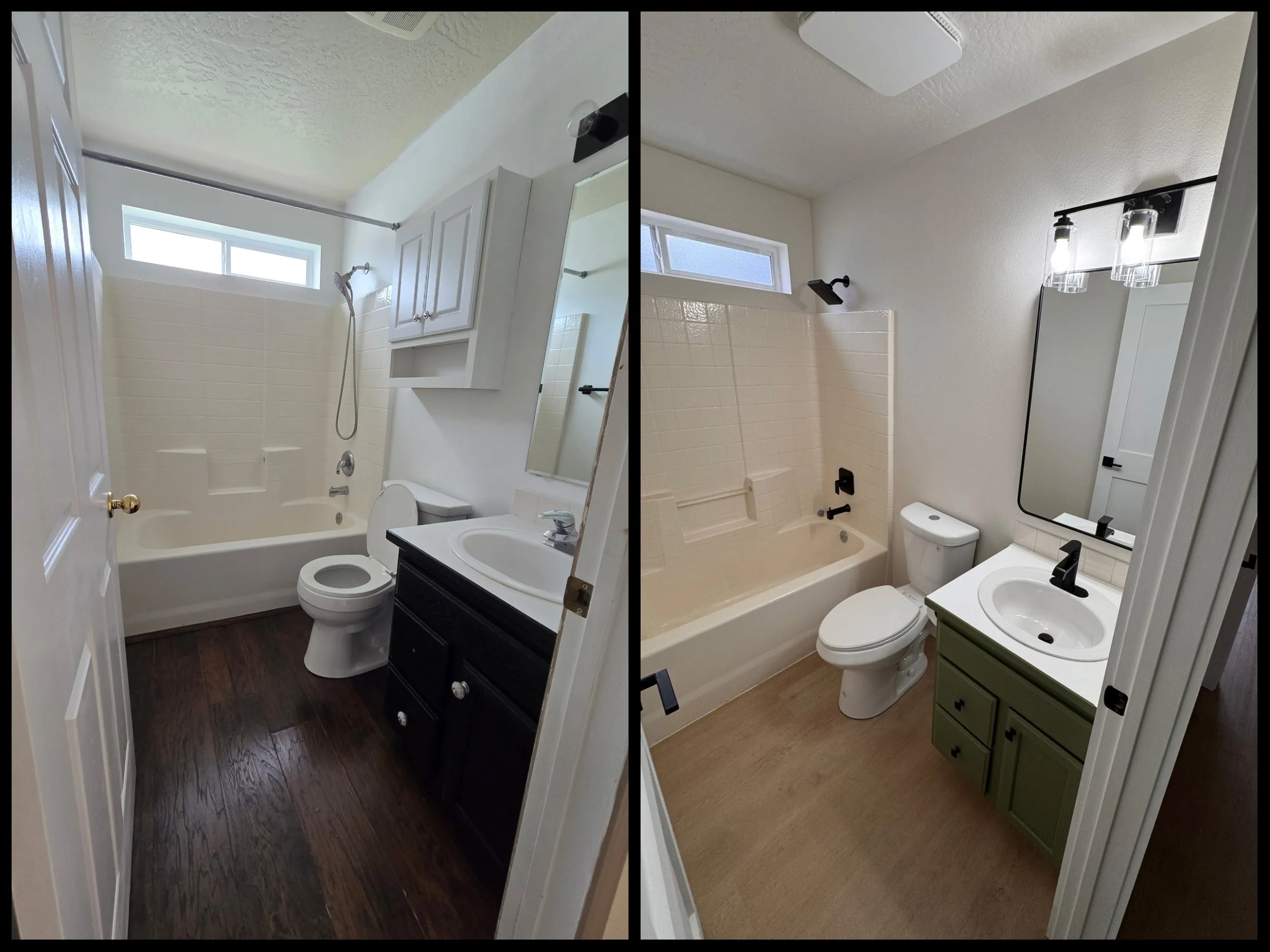 Modern kitchen with black cabinets, white marble countertops, stainless steel appliances, and wood-style flooring. A window overlooks the outside.