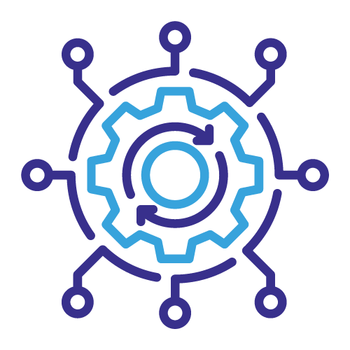 Icon of a gear with digital AI lines surrounding it, suggesting automation