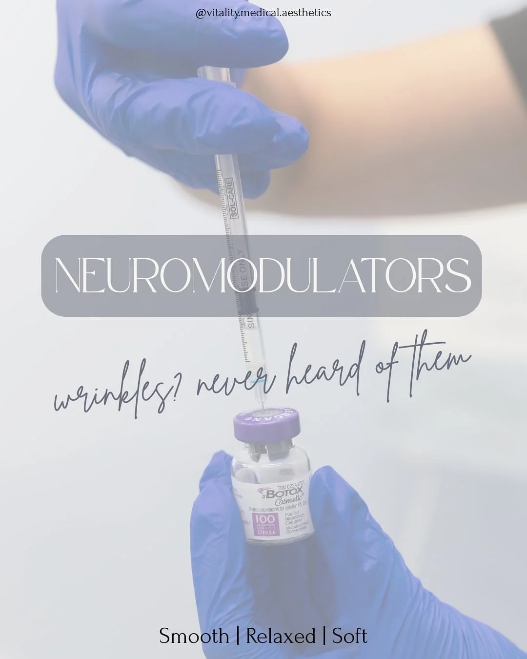 A popular, quick and easy treatment with many uses! 
-
Static wrinkles? No problem 
Preventing wrinkles? Absolutely 
TMJ pain? Let&rsquo;s get it 
-
And the list goes on! This is one of our few treatments that we can complete right at your consultati