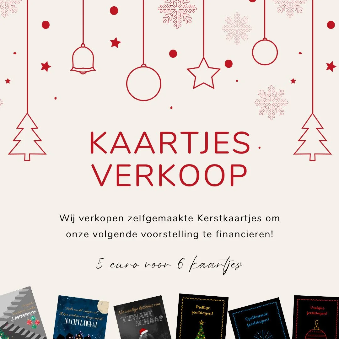 Nog kaartjes nodig voor de komende feestdagen? Zoek niet verder! Onze leden verkopen er om onze volgende voorstelling te financieren.
Voor 5 euro haal je een pakket van 6 zelfgemaakte kaartjes in huis. Zoek snel je dichtstbijzijnde Perplex-lid om jou