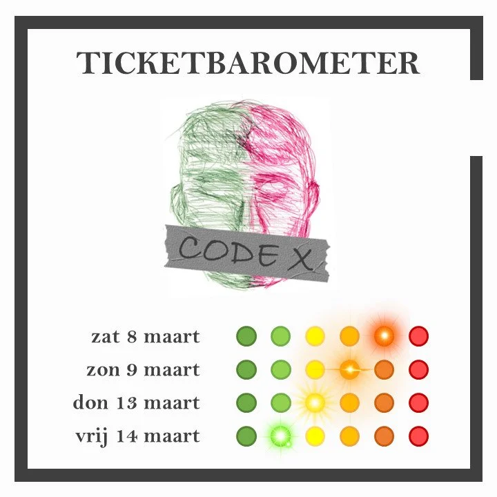 Update over de ticketverkoop van Code X 😊
Wil je graag op zaterdag 8 maart komen: wees er dan snel bij, want die dag is bijna uitverkocht! Ook de andere dagen lopen langzaam vol, dus wacht zeker niet te lang 🙂
Tickets kan je nog steeds kopen via ti
