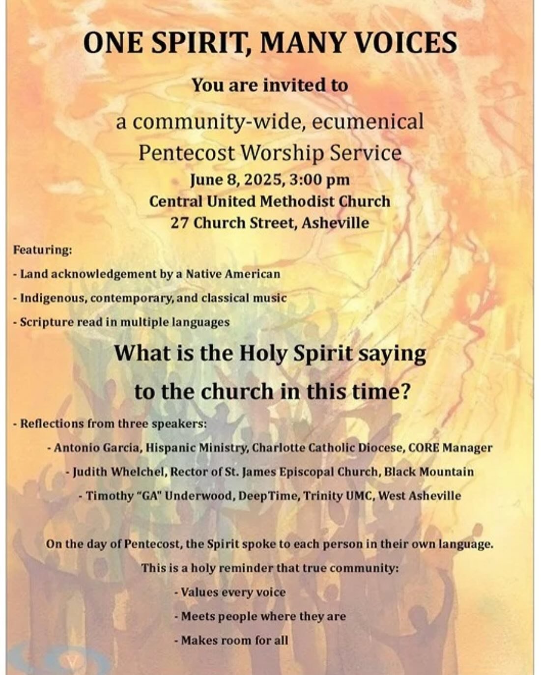 🔥🕊️ Join us Sunday afternoon for a very special Pentecost worship service in Asheville, where the Spirit will move through a celebration filled with vibrant music, powerful preaching, and deep connections. 

This joyful gathering will include many 