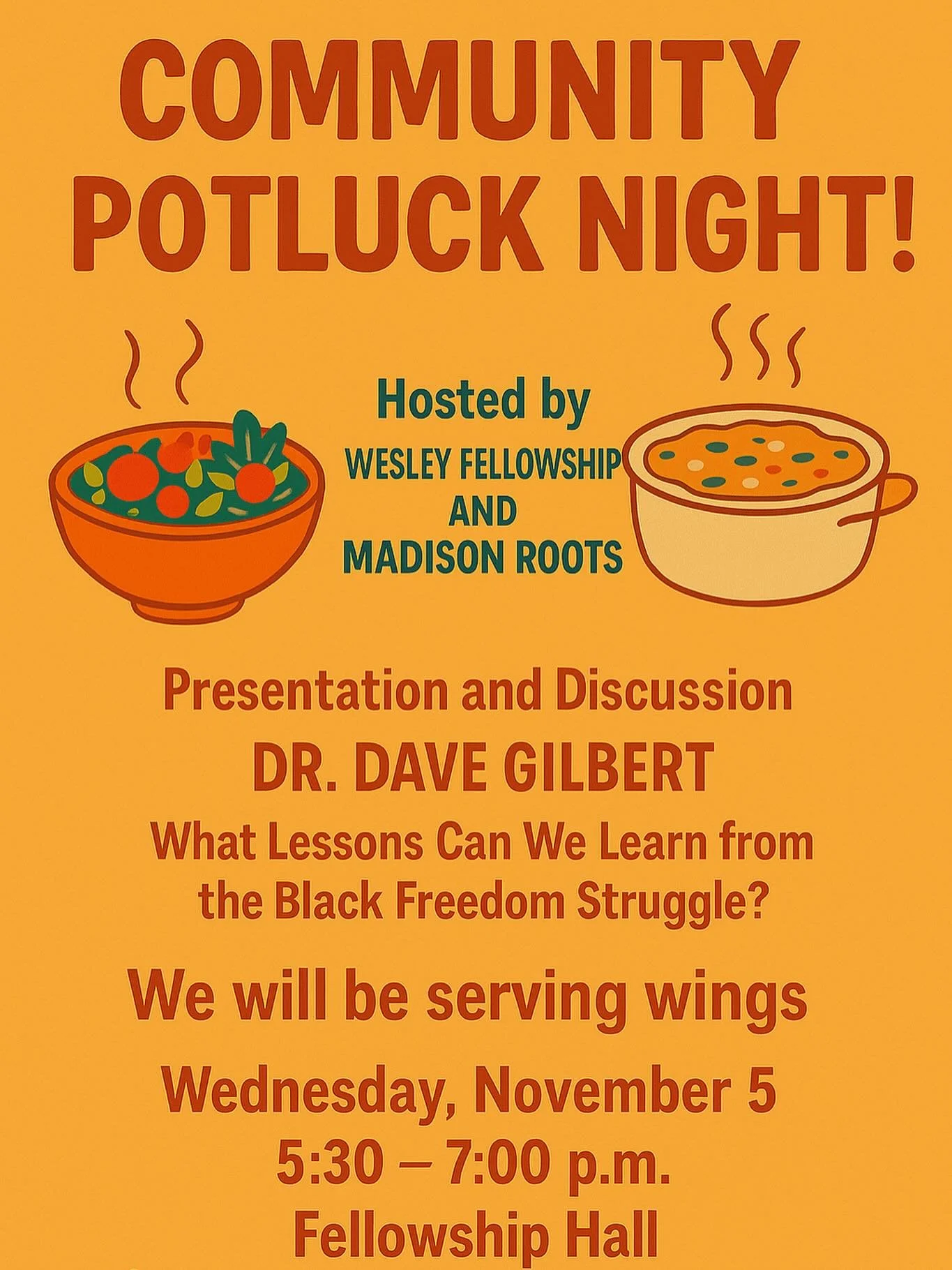In partnership with the Mars Hill Wesley Fellowship, Madison ROOTS, formerly the Madison County Racial Justice Coalition, announced a Community Potluck on November 5. It will feature a presentation by Mars Hill University Professor of History David G