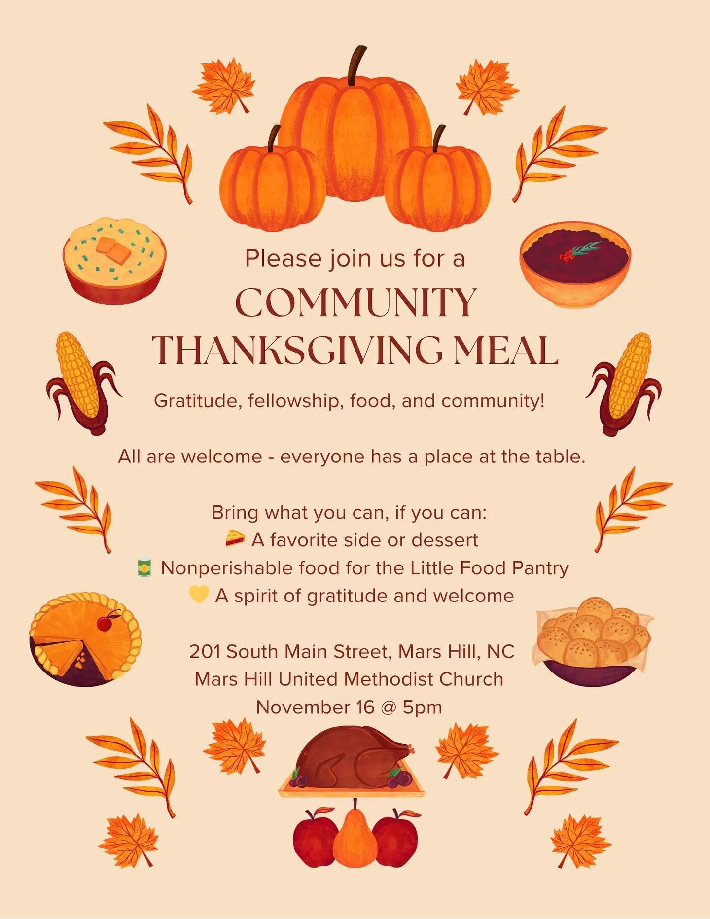 🍽️🦃 As we gather in gratitude this season, we&rsquo;re expanding our traditional Thanksgiving meal with the MHU community to welcome everyone in our wider community.

We hope you will make plans to attend and bring dishes to share (if you can and w