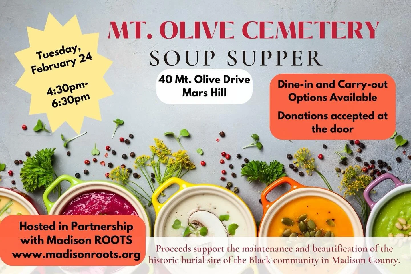 🍜The Fourth Annual Soup Supper benefiting the historic Mt. Olive Cemetery is Feb. 24, 2026. We hope you&rsquo;ll join us in supporting our neighbors in the Long Ridge Community. 

Want to volunteer, provide a soup or dessert? Please let Mary O. know