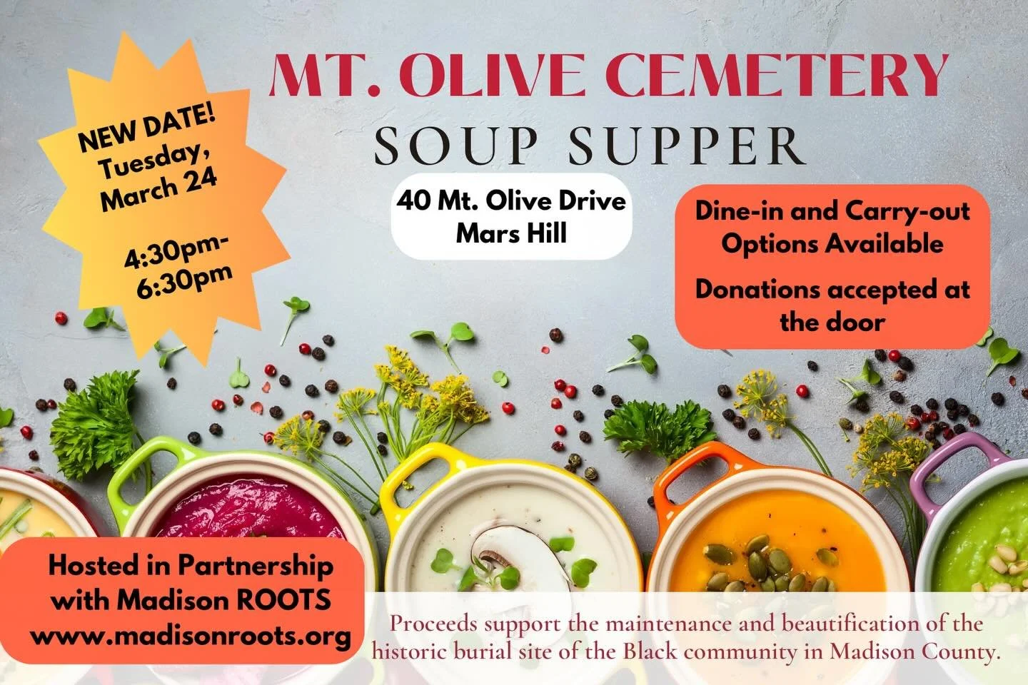 ❄️🥣For the safety of our neighbors and community, the Soup Supper Fundraiser benefiting the historic Mt. Olive cemetery has been rescheduled for March 24. 

We hope you stay warm and safe and make plans to join us next month. 

#marshillnc #marshill