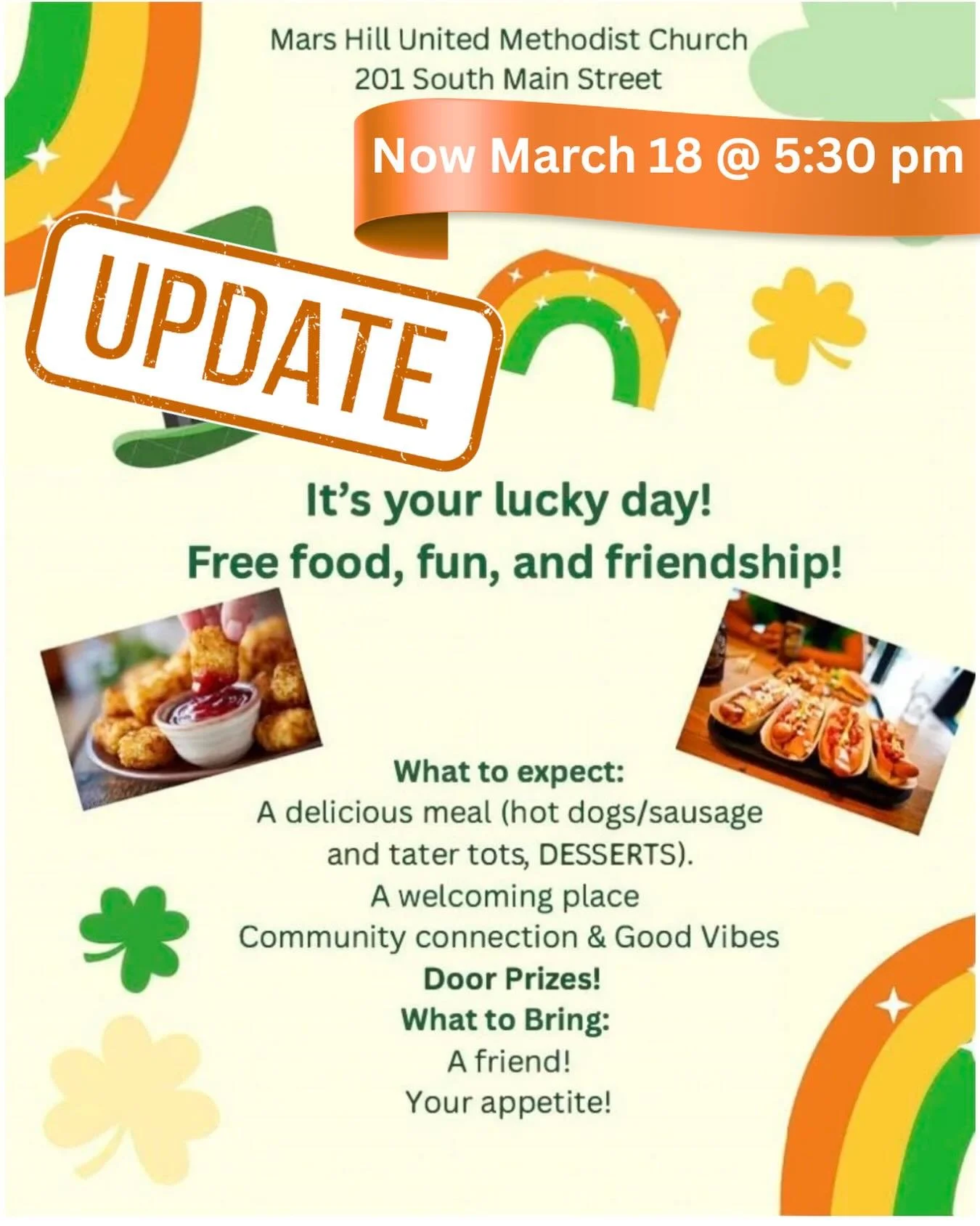 ⚠️❄️Out of an abundance of caution for our community and congregation, we have rescheduled the Community Meal for Wednesday (March 18) at 5:30 pm.

We hope you will make plans to join in the free food, fun and friendship on Wednesday. ☘️🍽️

#MarsHil