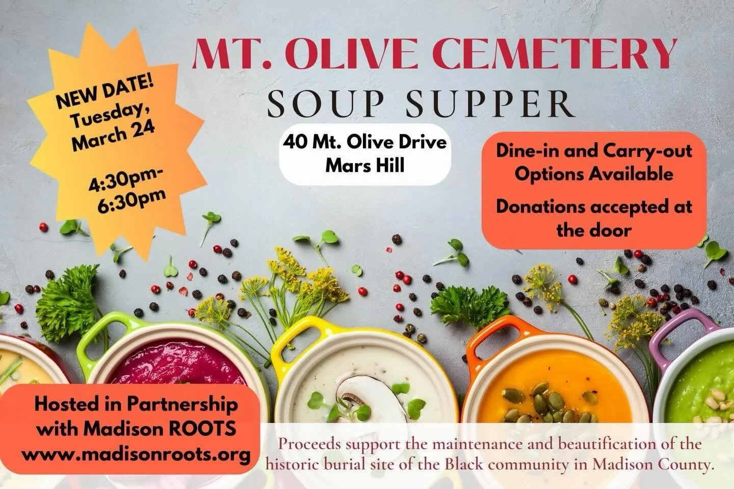🥣The Fourth Annual Soup Supper benefiting the historic Mt. Olive Cemetery is rescheduled for March 24, 2026. We hope you&rsquo;ll join us in supporting our neighbors in the Long Ridge Community.

You can support the benefit by signing up to bring a 