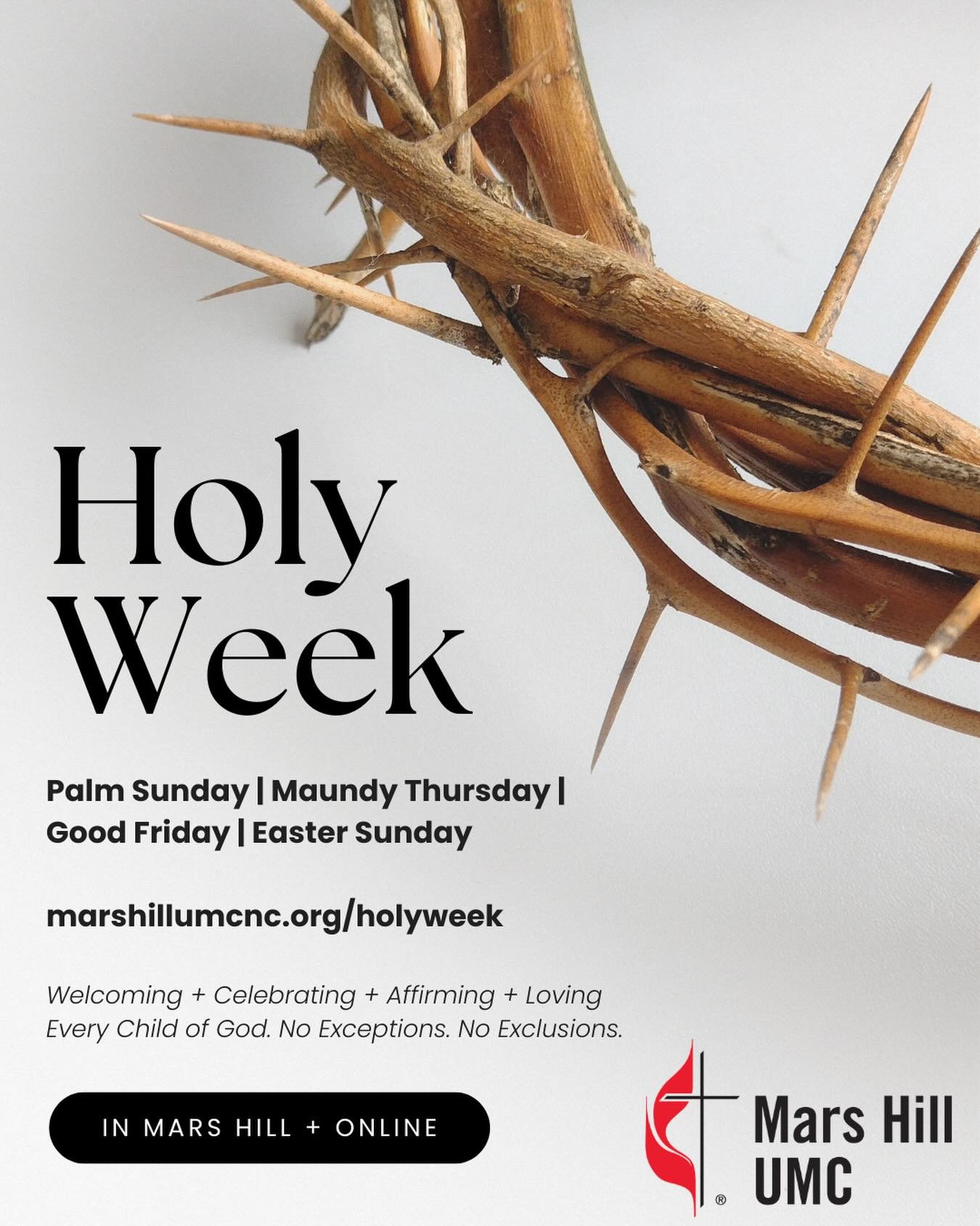 ✝️ Wherever you are in your life and faith, we invite you to join in the observances of Holy Week and celebration of Easter from Maundy Thursday to Good Friday and the Day of Resurrection. 

Service times &amp; locations ➡️ https://www.marshillumcnc.