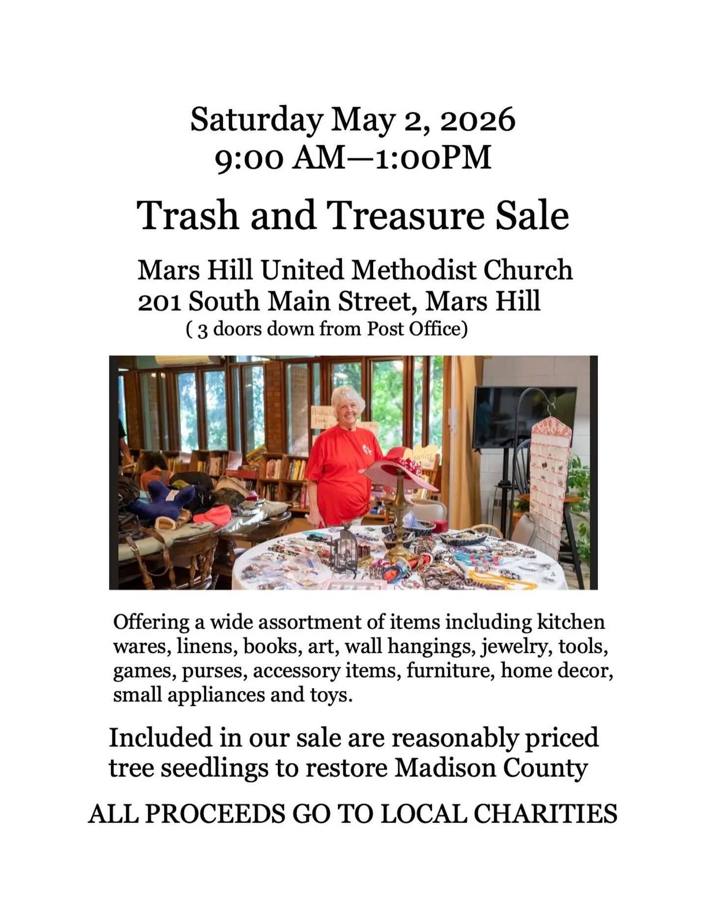 🏷️The Annual Trash and Treasures Sale returns to Mars Hill United Methodist Church on Saturday May 2 from 9 am until 1 pm. The sale is sponsored by the United Women in Faith, formerly known as United Methodist Women (UMW).🛍️

Proceeds will benefit 
