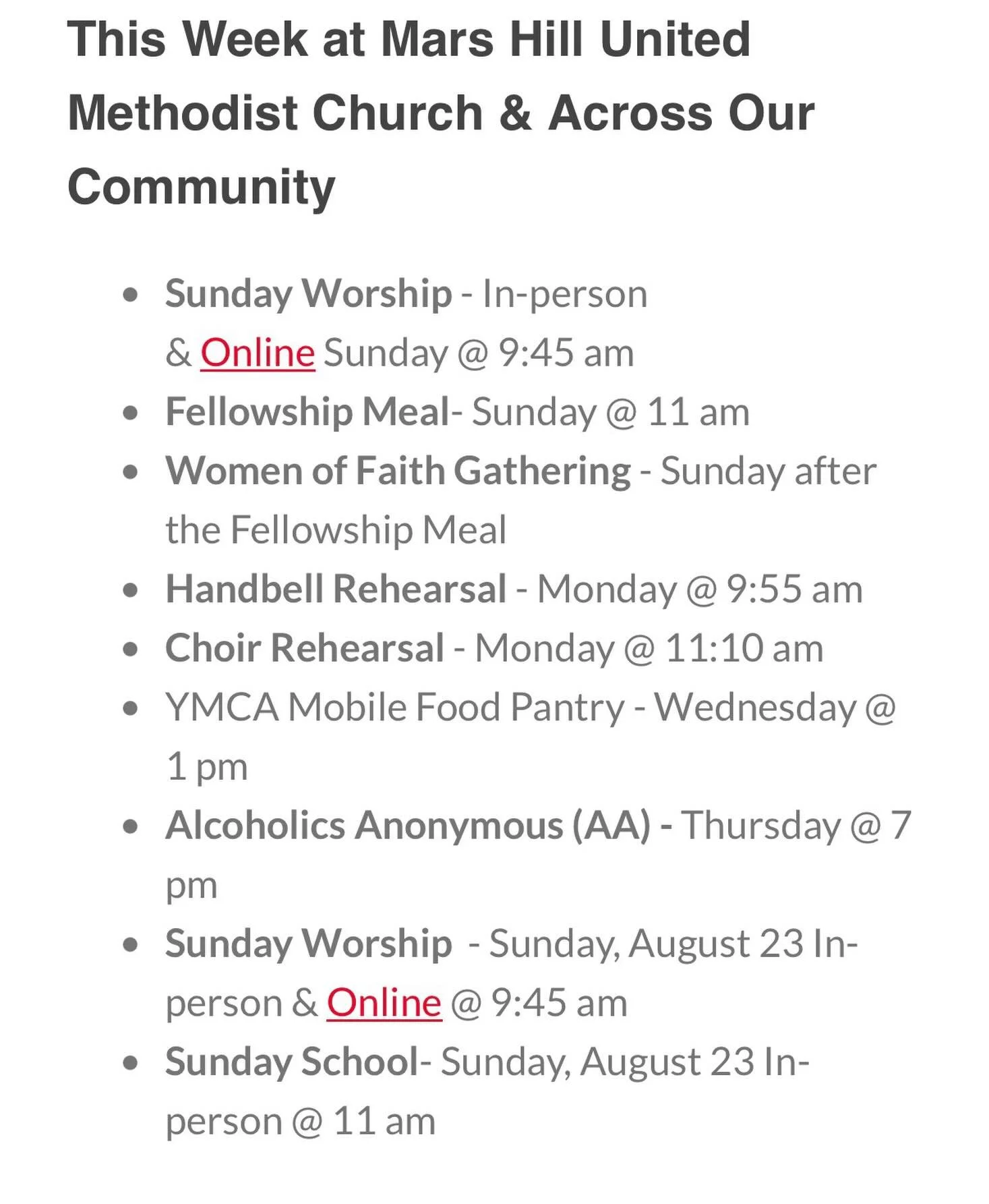 Don&rsquo;t miss these opportunities to connect this week: in Mars Hill + online.
