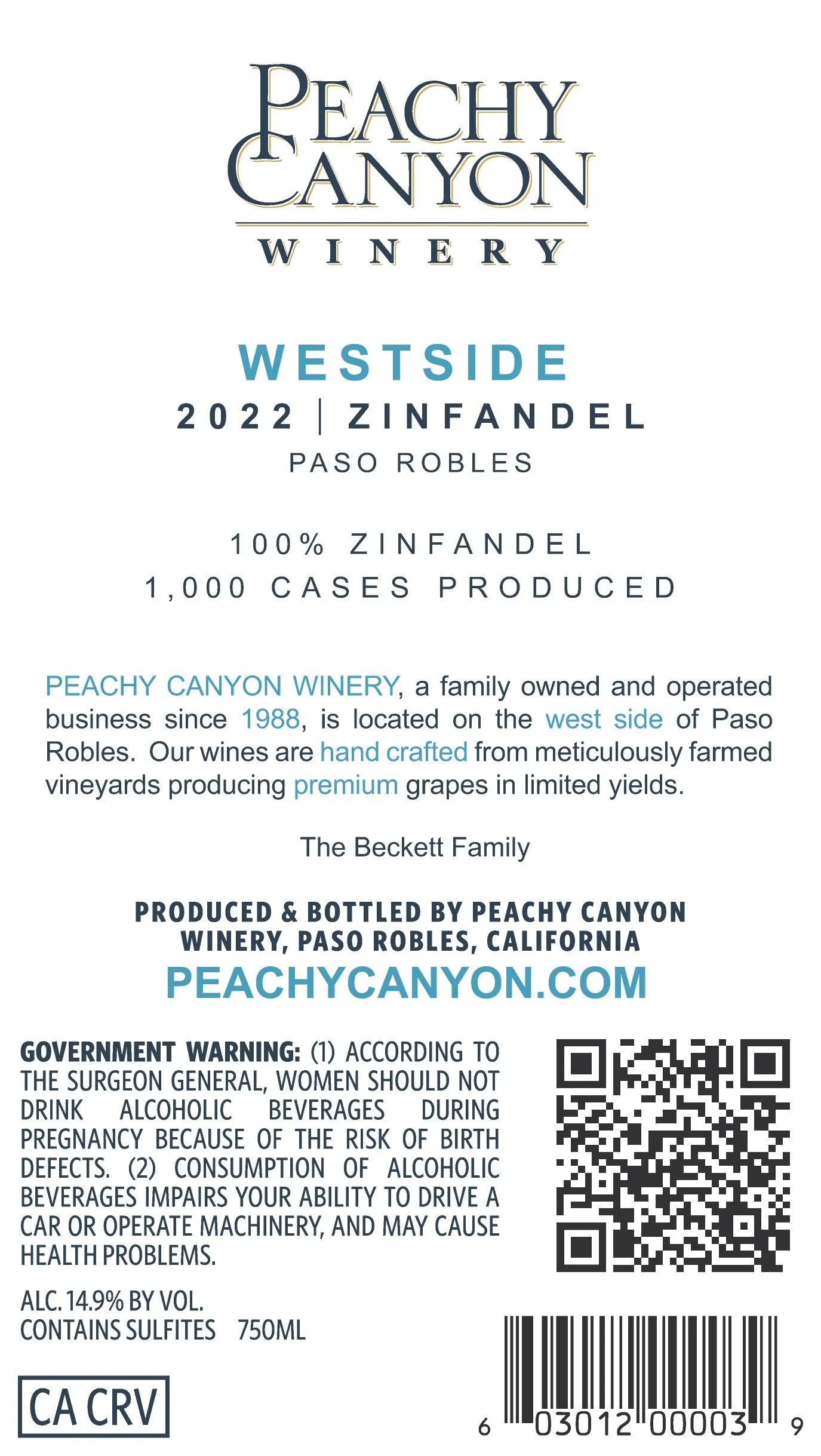 Zinfandel Westside 2022 Back Label