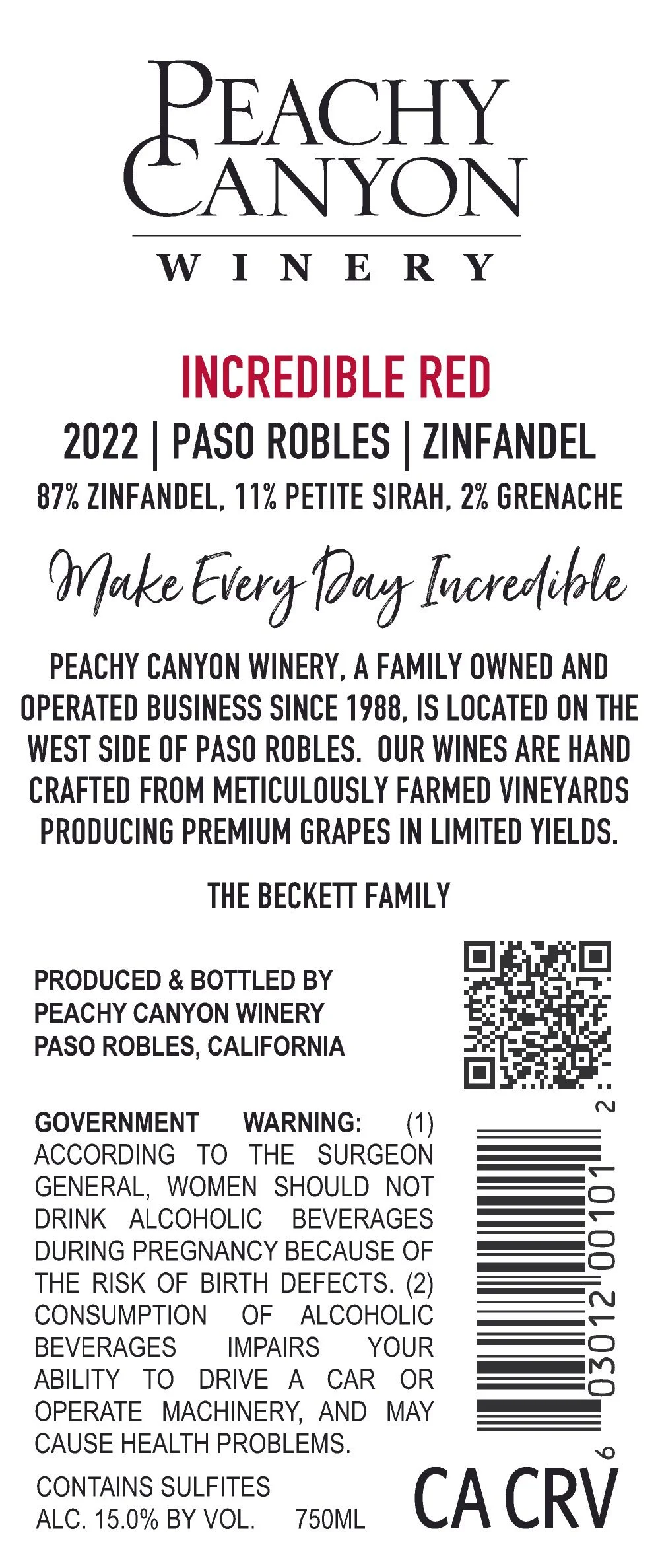 Incredible Red 2022 Back Label