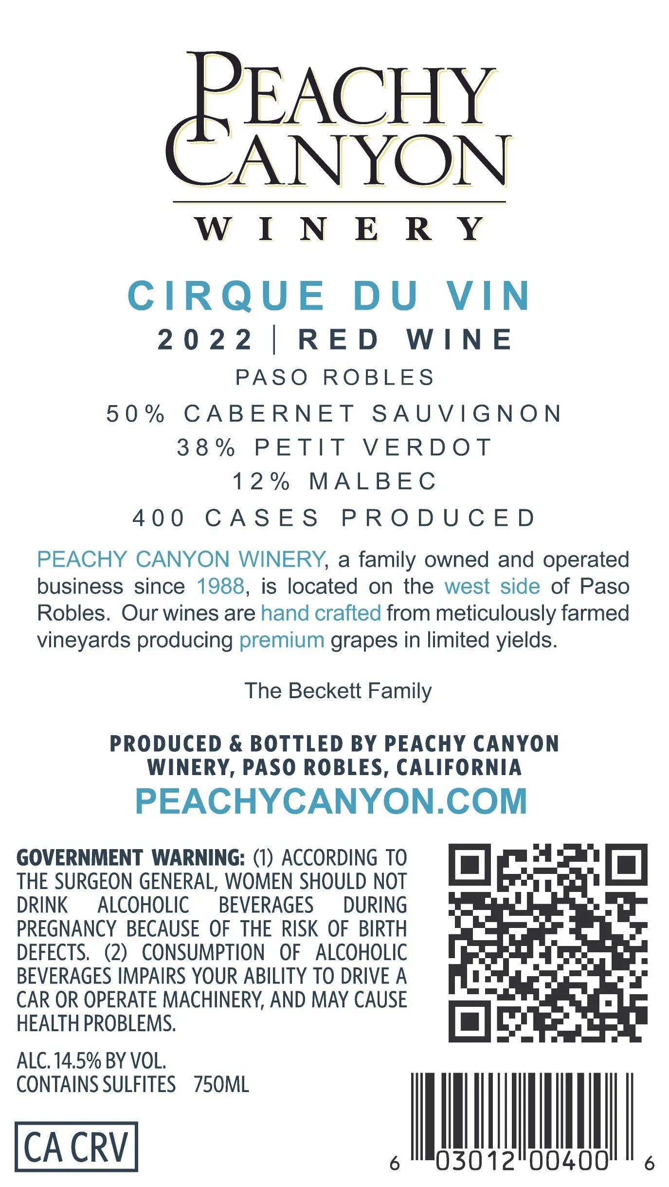 Cirque Du Vin 2022 Back Label