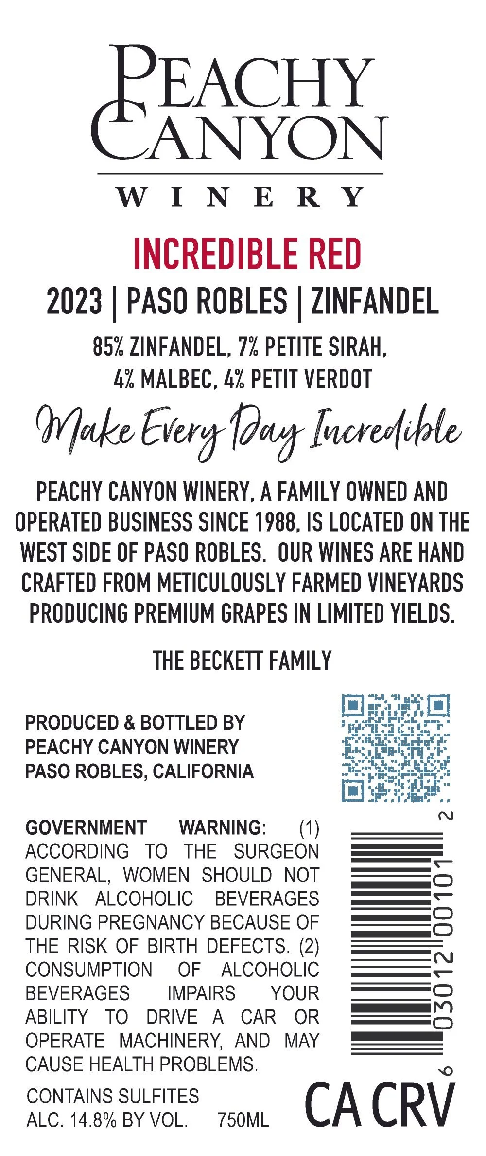 Incredible Red 2023 Back Label