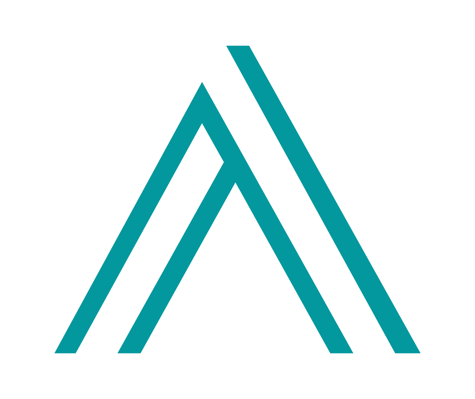 Logo with three teal triangle outlines overlapping, forming a stylized mountain shape with black background.