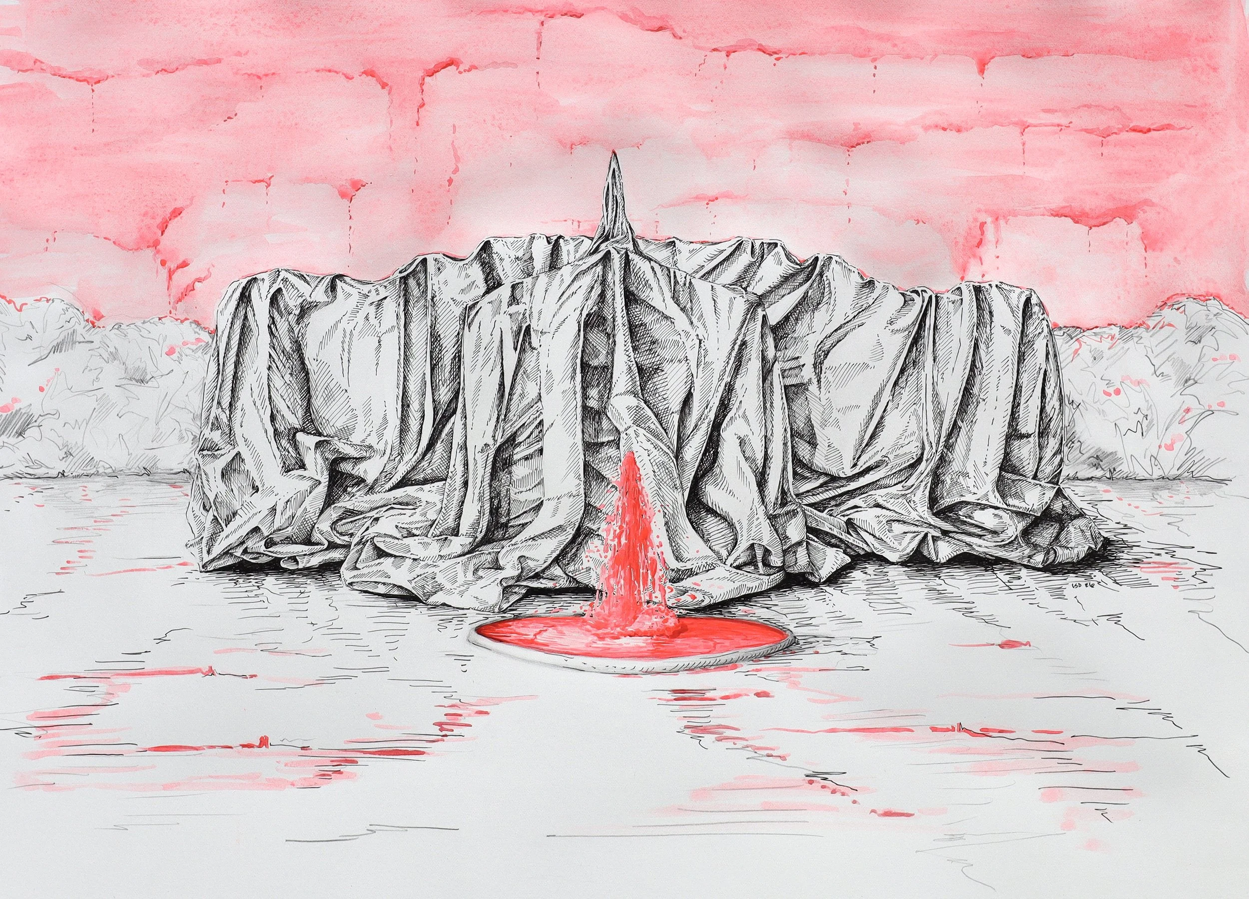 Fire Blanket, 1600 Pennsylvania Avenue.  16 x 22", Ink, Gouache and Graphite on Paper, 2026.